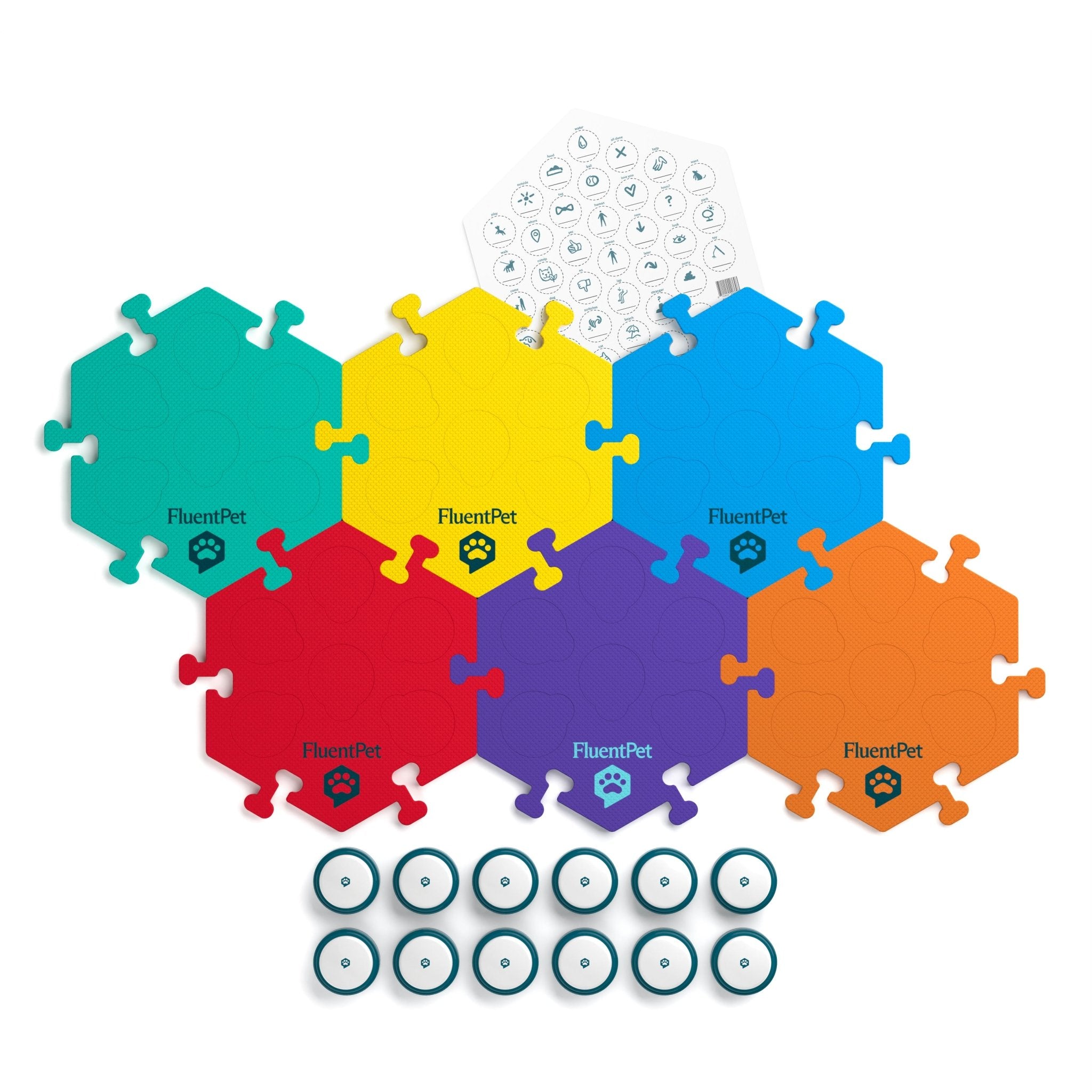 FluentPet Key Vocab Kit in bold colors with six HexTiles, 12 basic buttons and a sticker sheet.