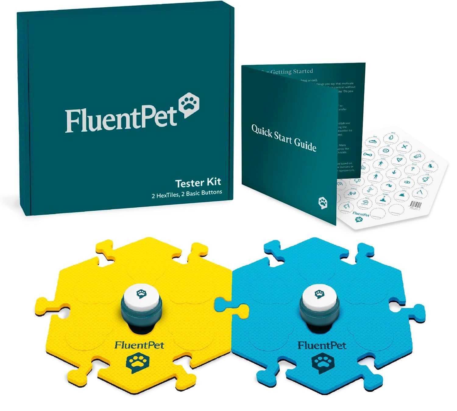 FluentPet Tester Kit with yellow and blue HexTiles.The image features a sticker sheet, a quick start guide, and a box.