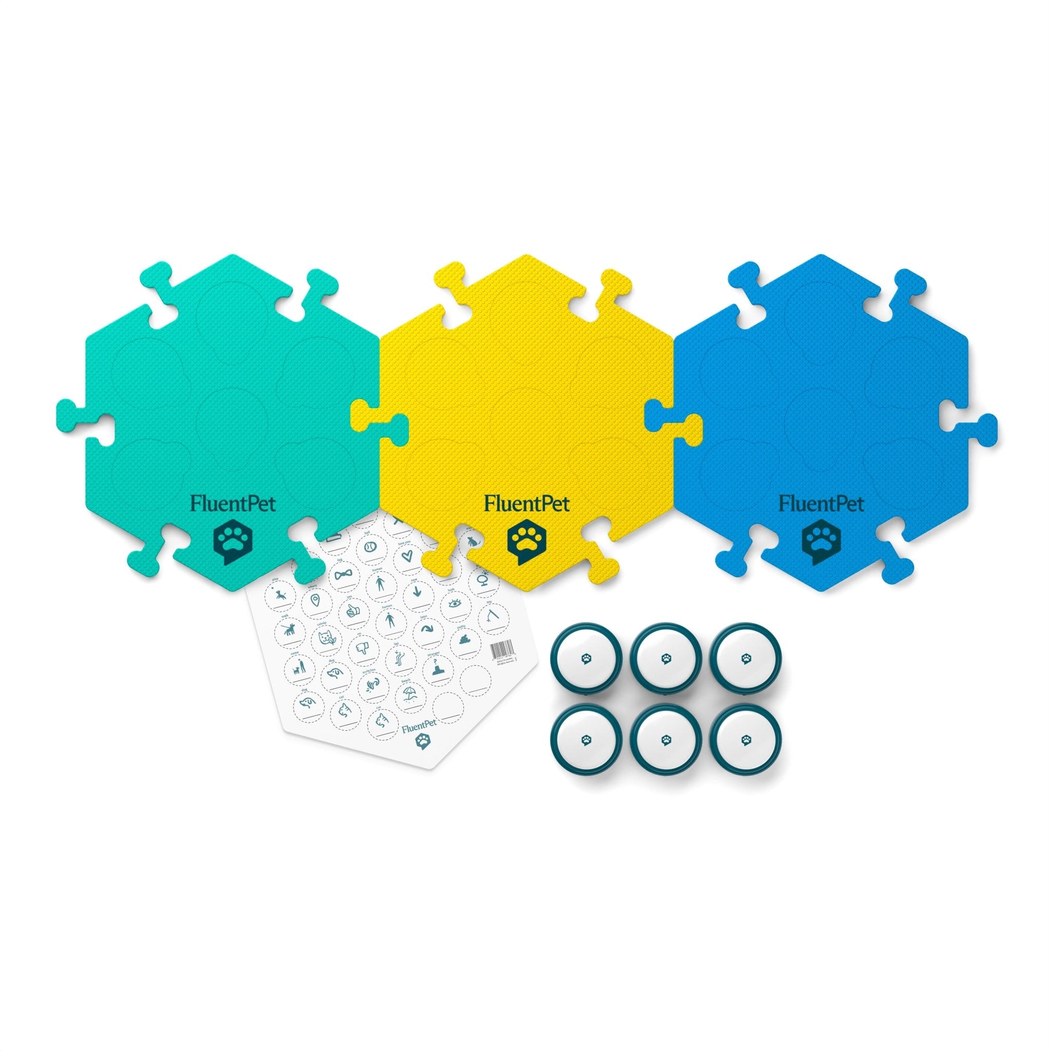FluentPet Get Started Kit with three HexTiles in green, yellow and blue, 6 basic buttons and a sticker sheet.