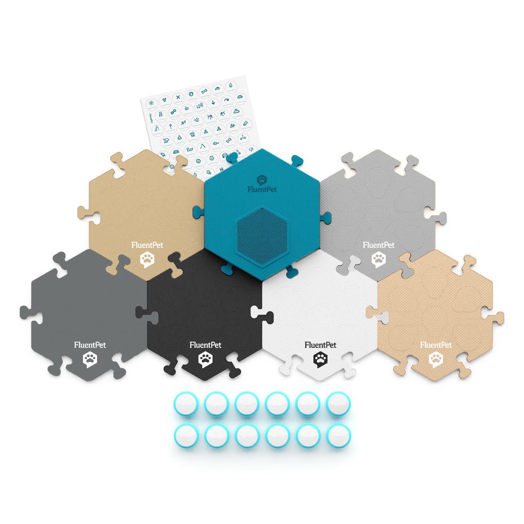 Connect Key Vocab Kit in neutral colors featuring six HexTiles, the Connect Base, 12 buttons and a sticker sheet.