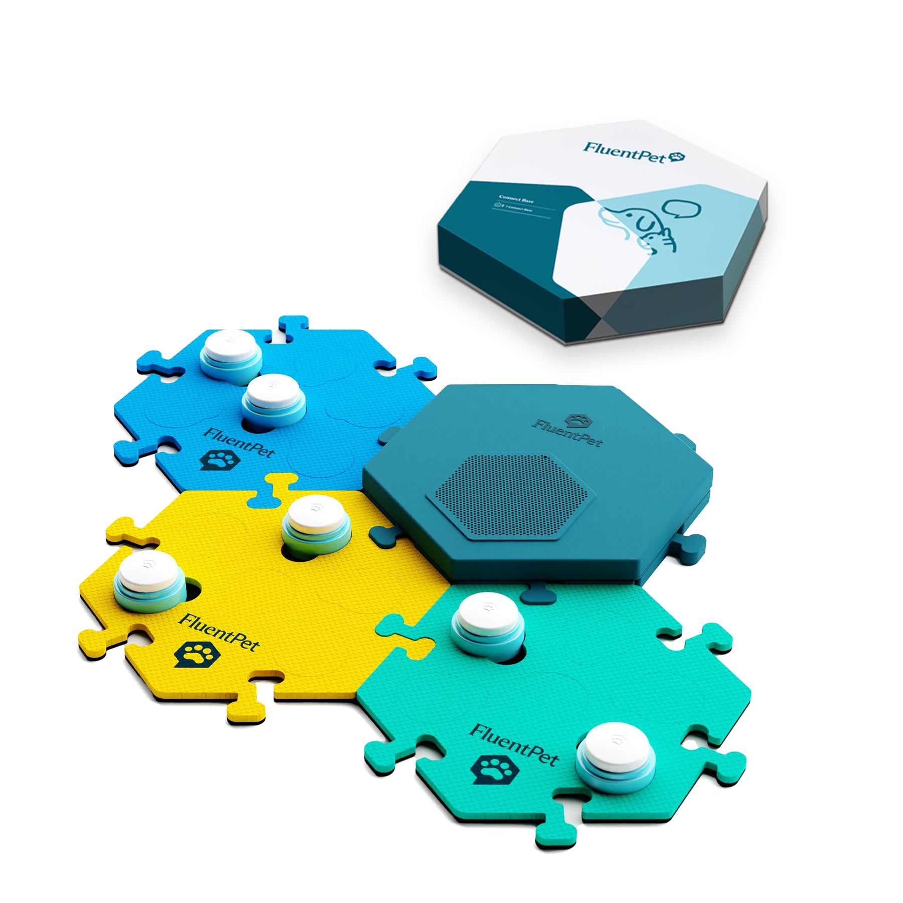 FluentPet Connect Get Started Kit with blue, yellow and green HexTiles.