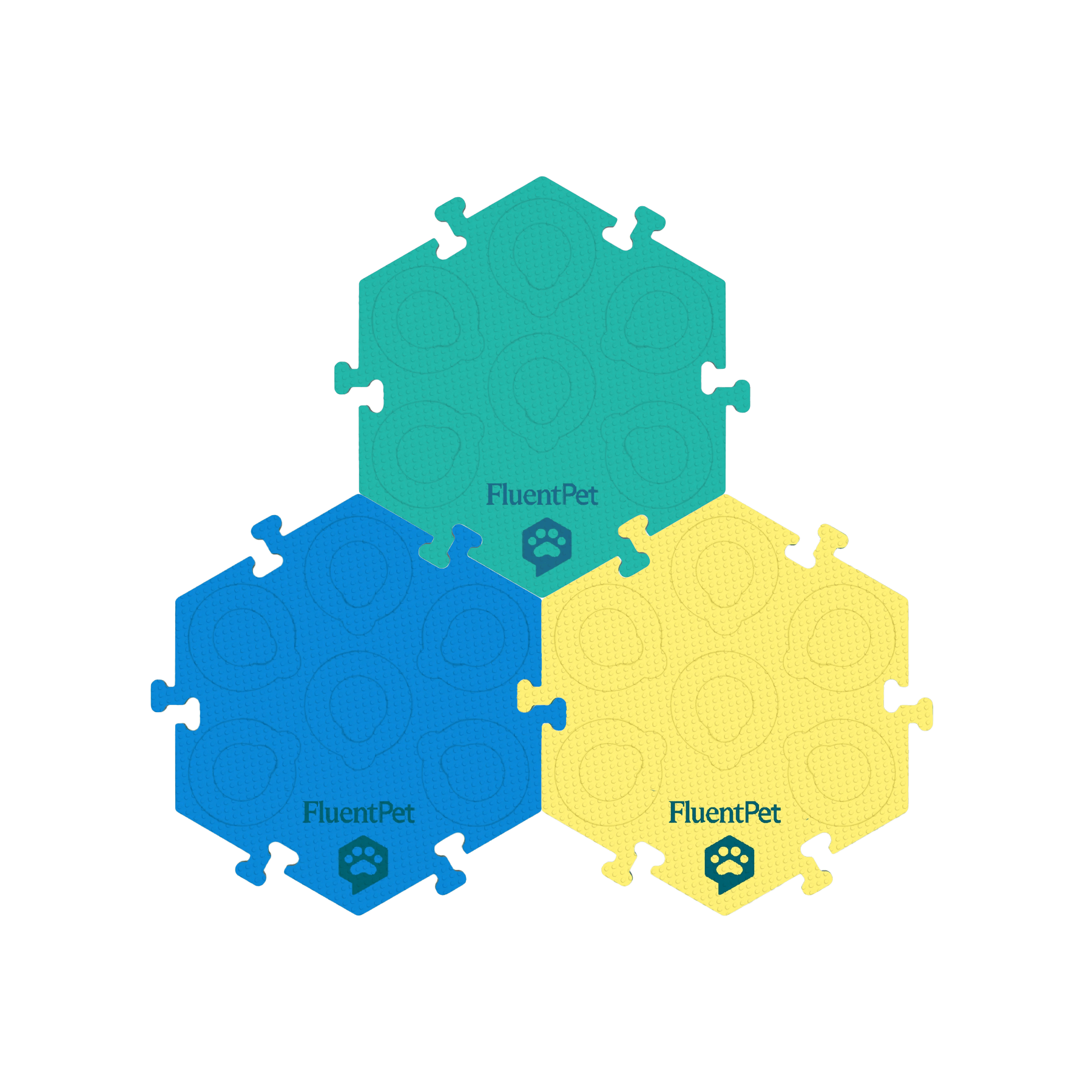 Three cross-compatible HexTiles in green, blue and yellow.