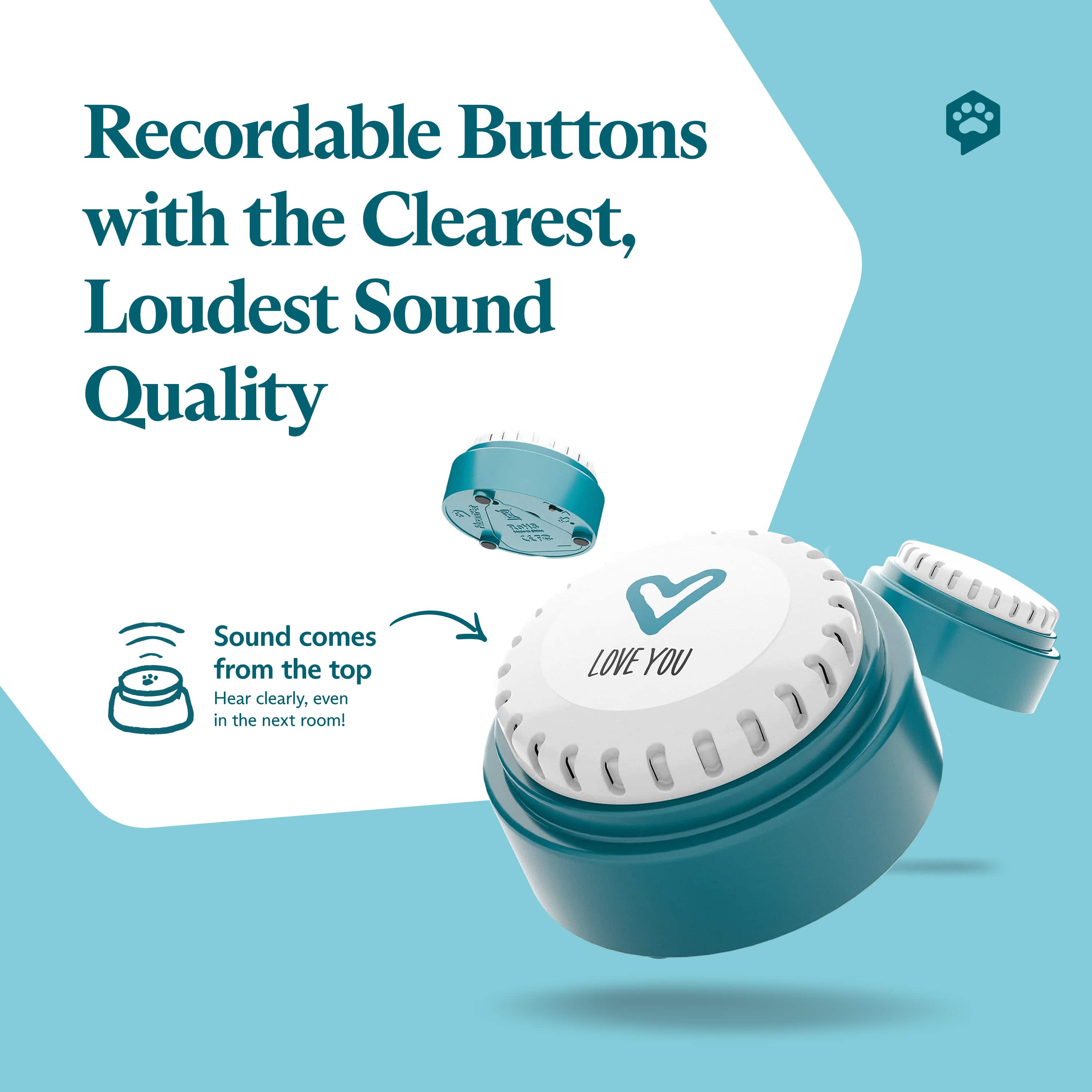Close-up of FluentPet Speak Up! button with “LOVE YOU” sticker, highlighting top-facing speaker and sound clarity. Text reads: "Recordable Buttons with the Clearest, Loudest Sound Quality"