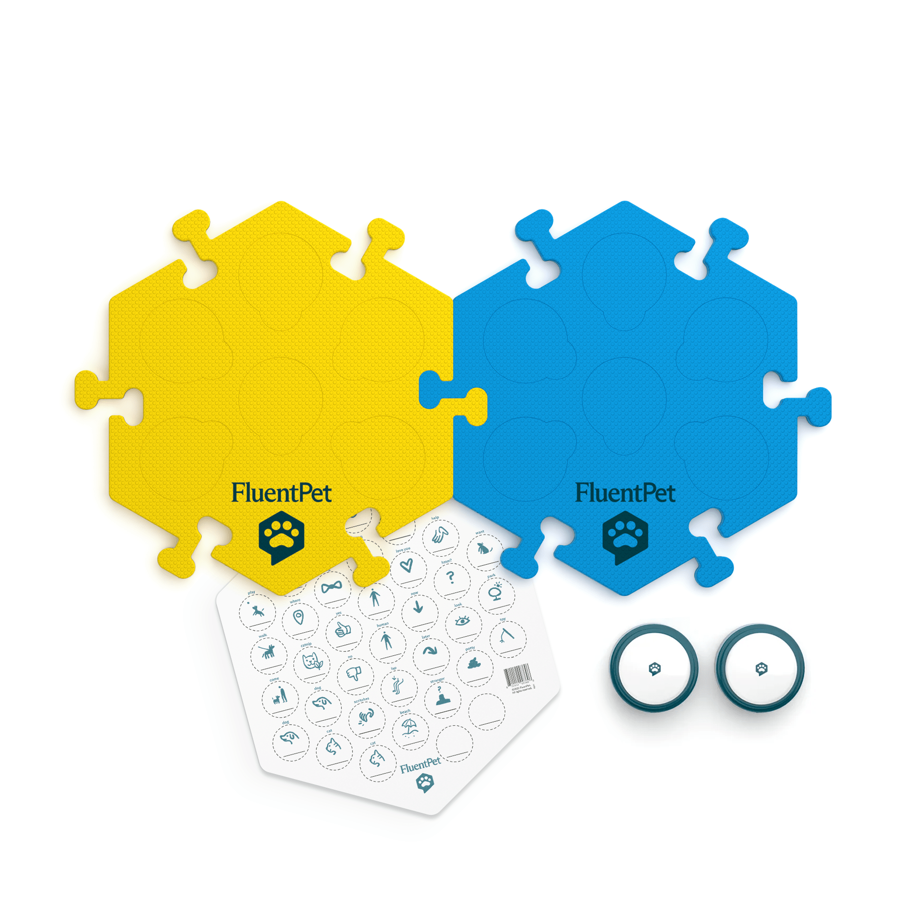 FluentPet Tester kit featuring two HexTiles in yellow and blue, two basic buttons and a sticker sheet.