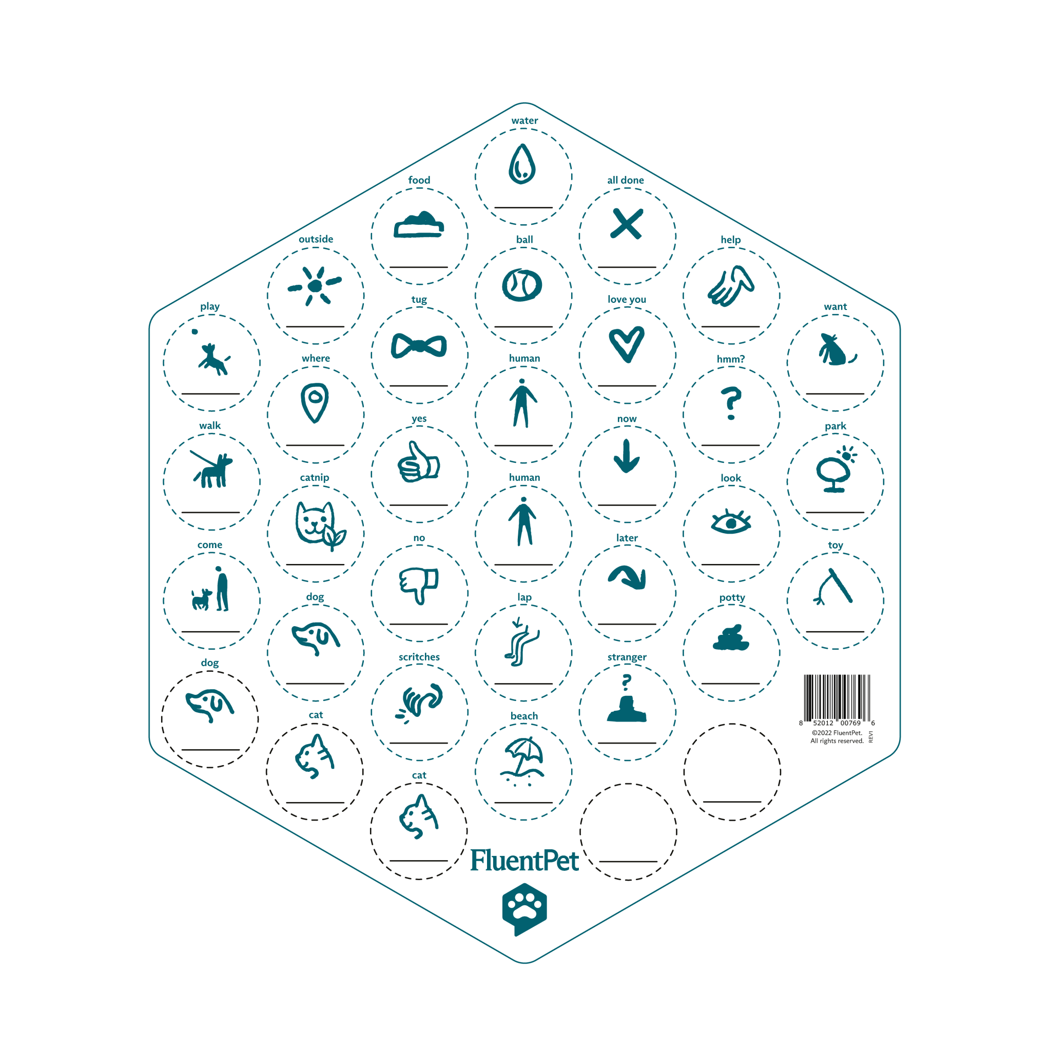 FluentPet ideogram sticker sheet featuring 35 ideogram stickers to customize your buttons.