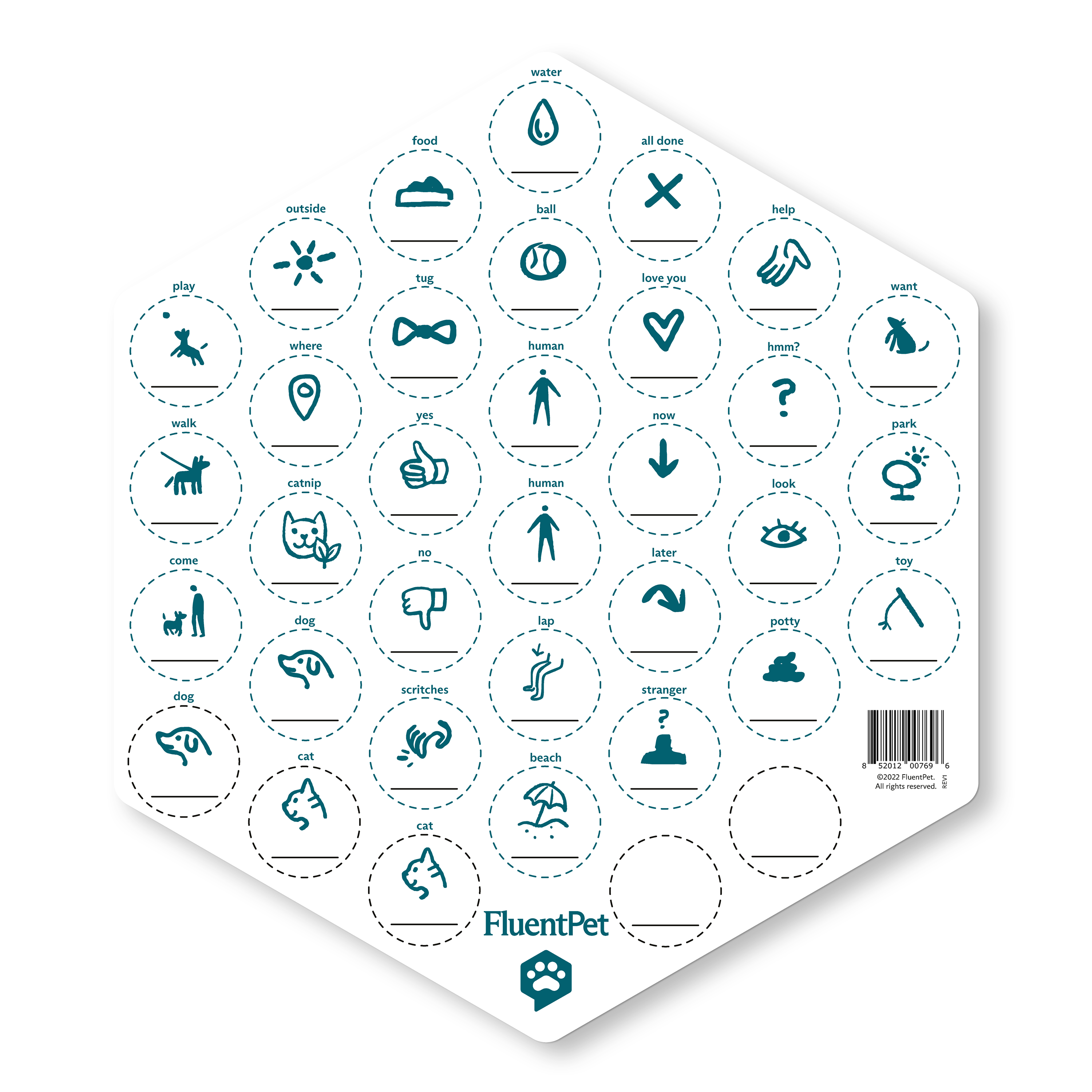 FluentPet ideogram sticker sheet featuring 35 ideogram stickers to customize your buttons.