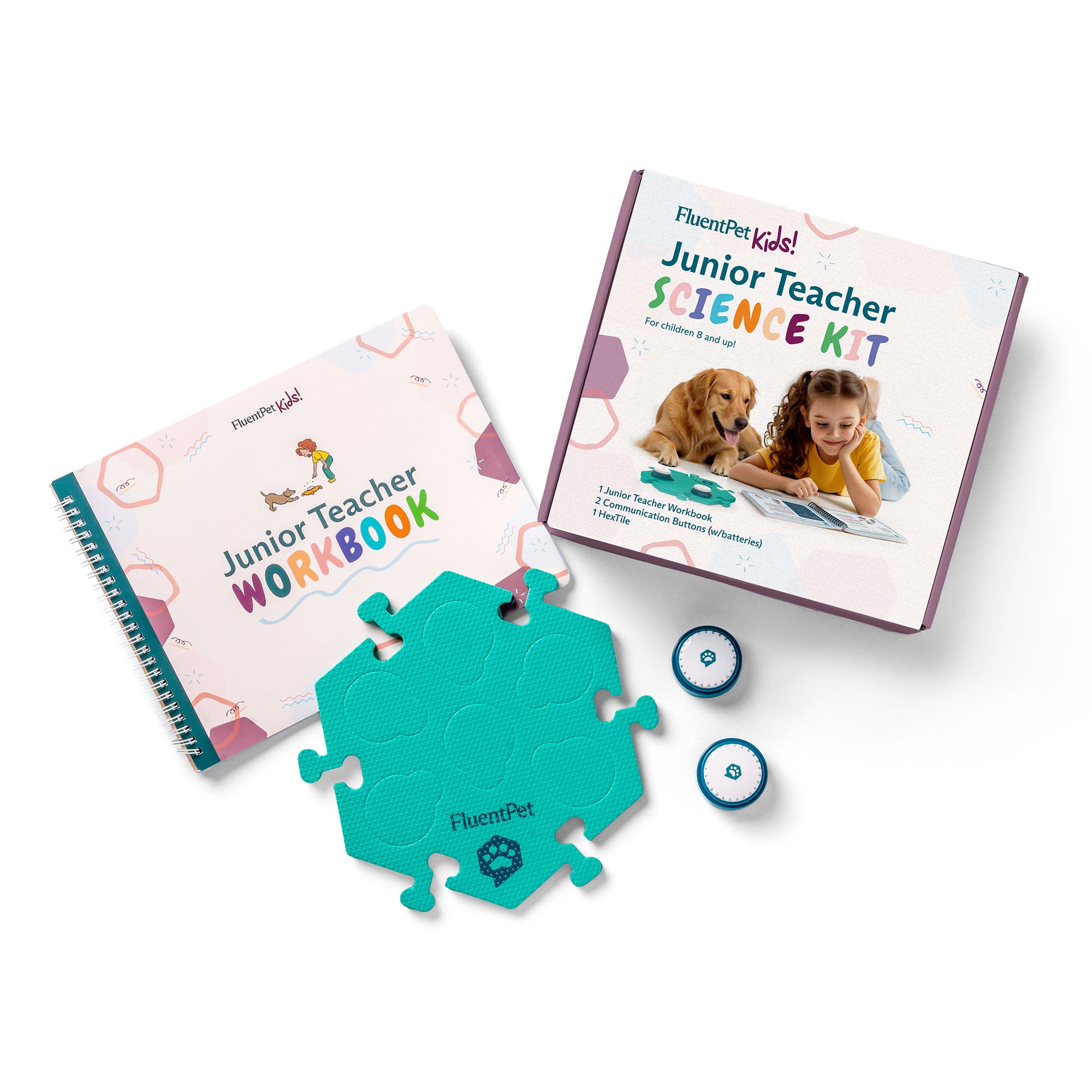 The FluentPet Junior Teacher Science Kit featuring a box, a green HexTile, two Speak Up! recordable buttons and the Junior Teacher Workbook.