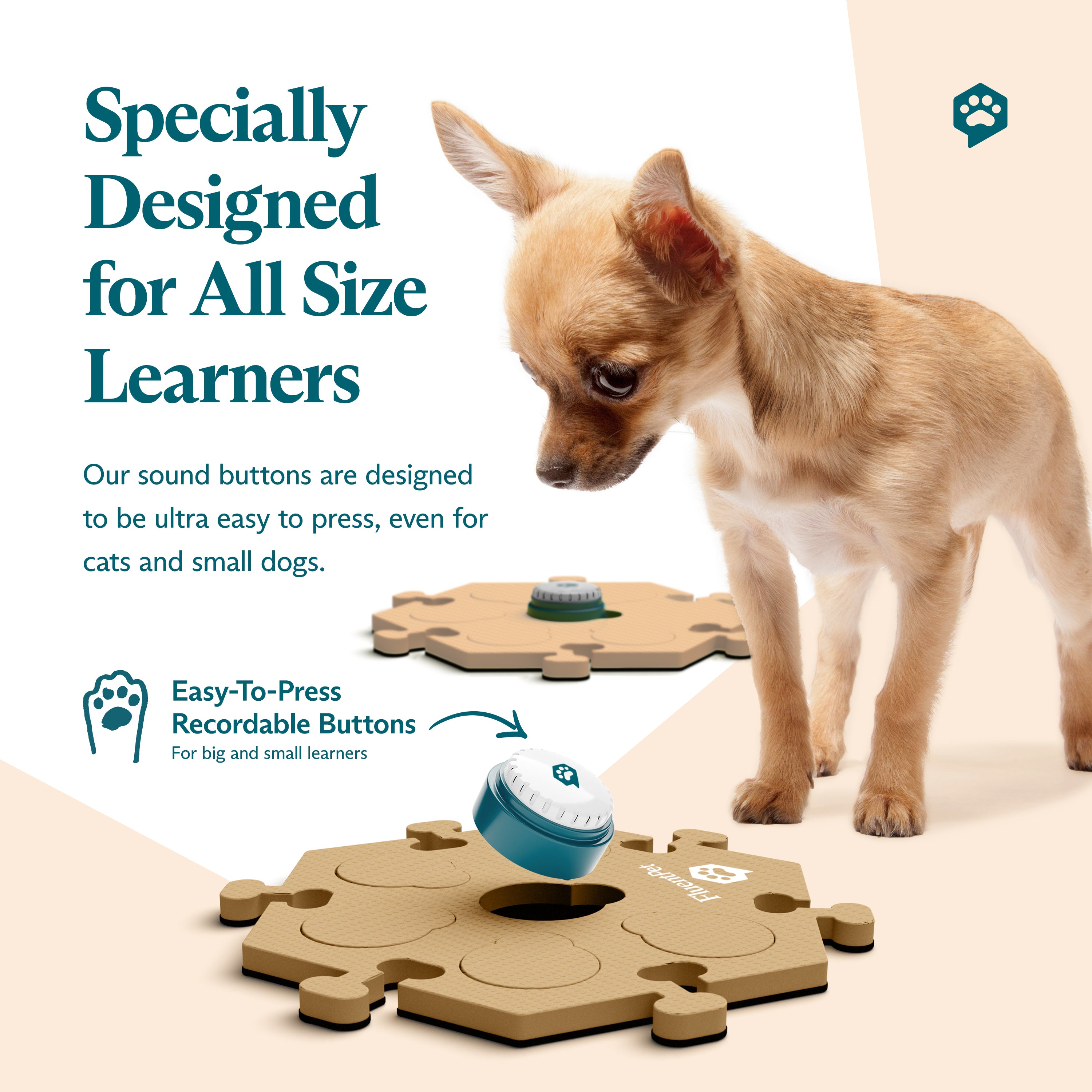 Small dog standing beside FluentPet HexTiles in light beige and dark beige, each one holding Speak Up! recordable buttons. Text reads “Specially Designed for All Size Learners"