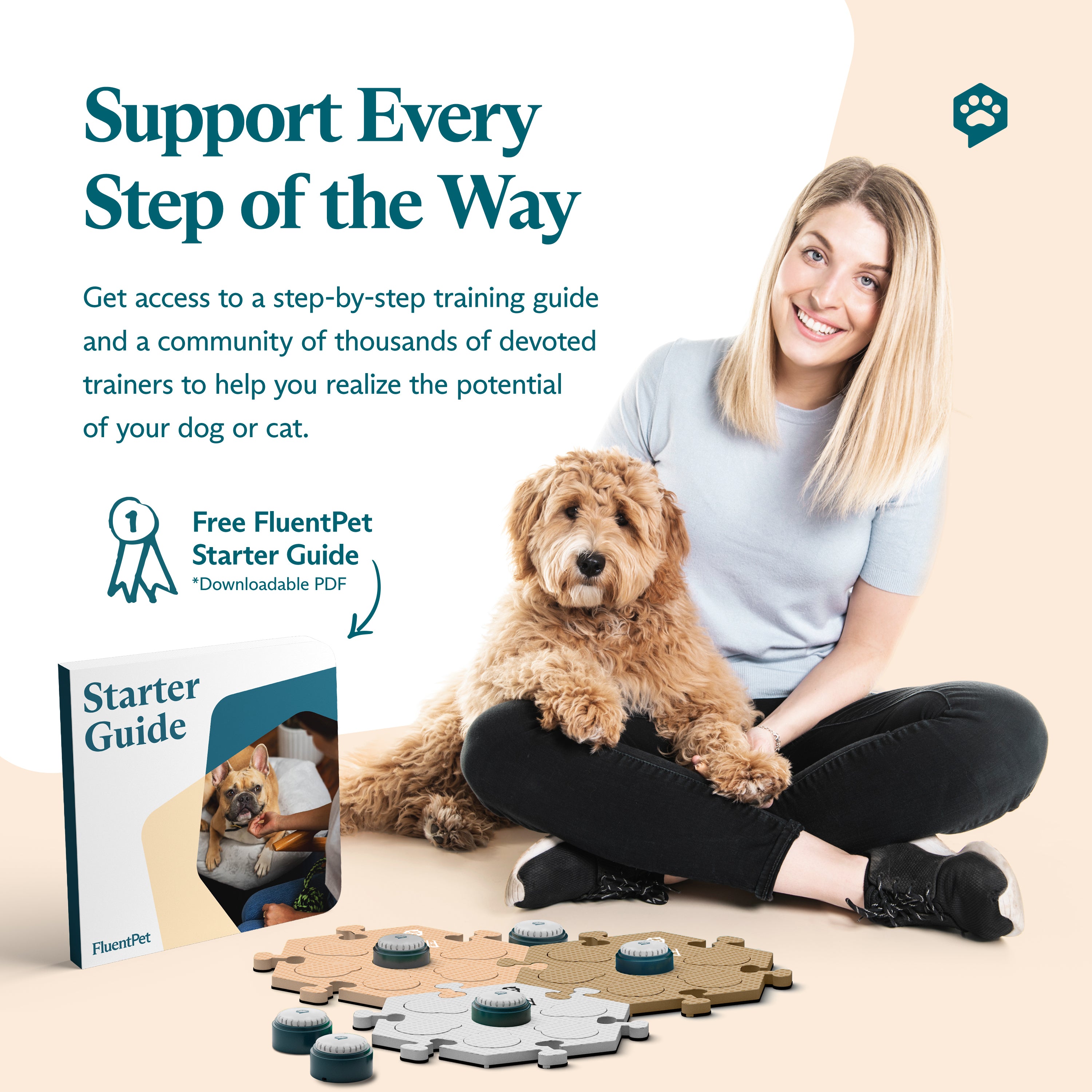 A young woman and her dog sitting beside a Fluent Pet Get Started Kit in neutral beige colors, and a Starter Guide. Text reads: "Support Every Step of the Way"