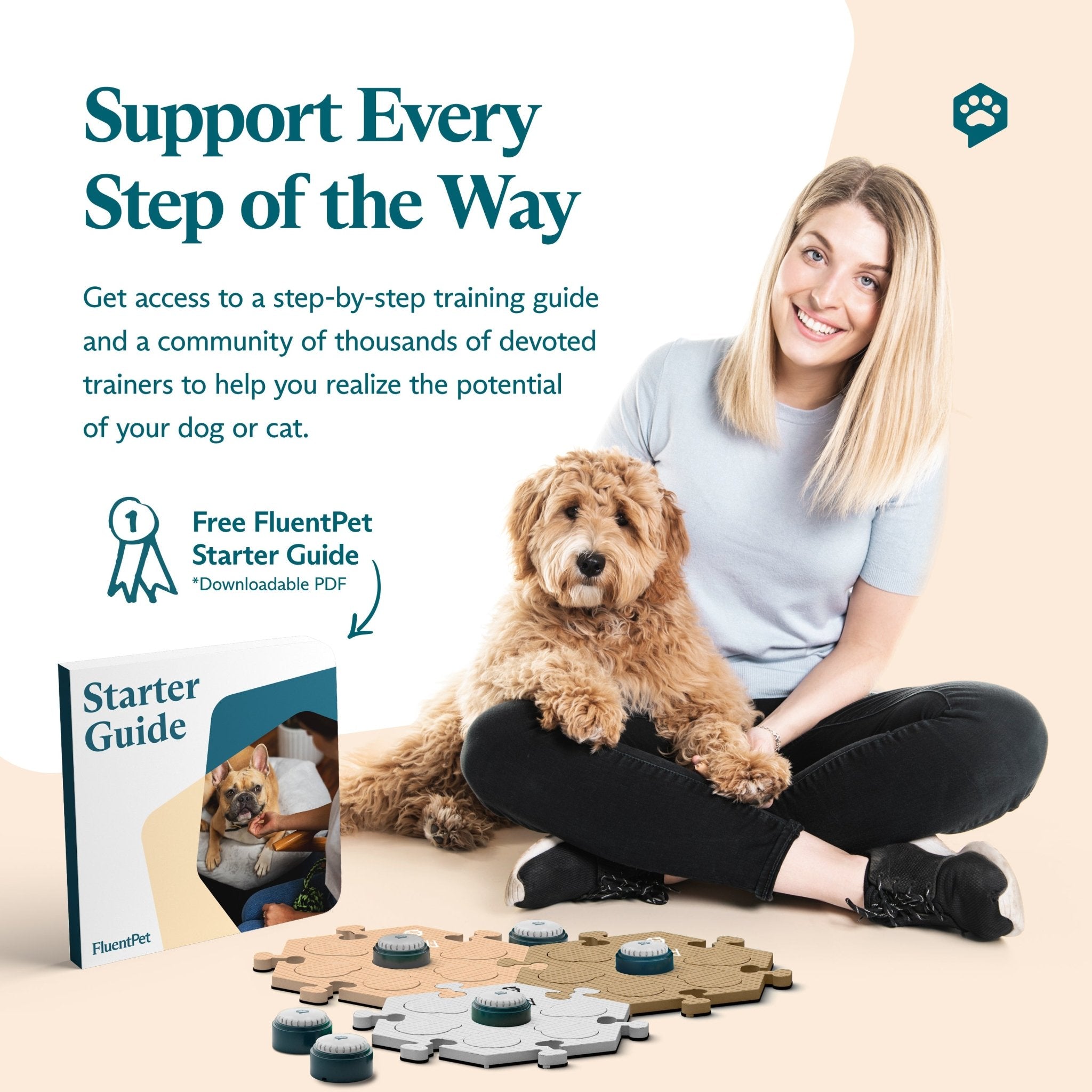A young woman and her dog sitting beside a Fluent Pet Get Started Kit in neutral beige colors, and a Starter Guide. Text reads: "Support Every Step of the Way"