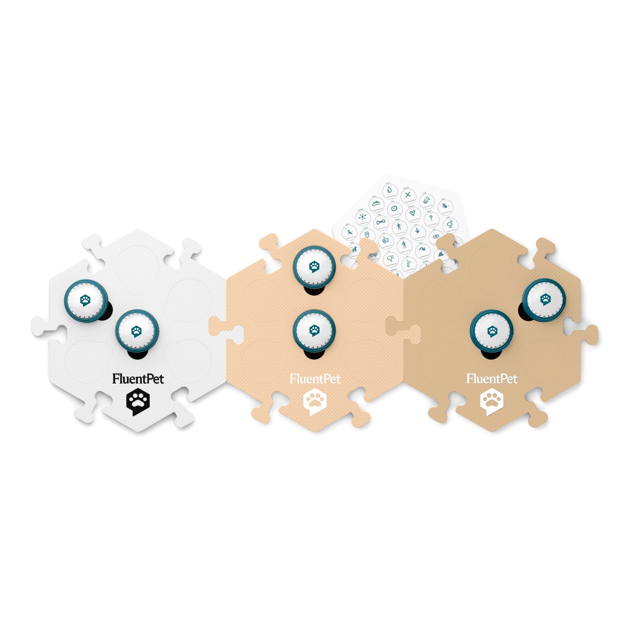 A FluentPet Speak Up! Get Started Kit with white, light beige and dark beige HexTiles, six Speak Up! recordable buttons and a sticker sheet.