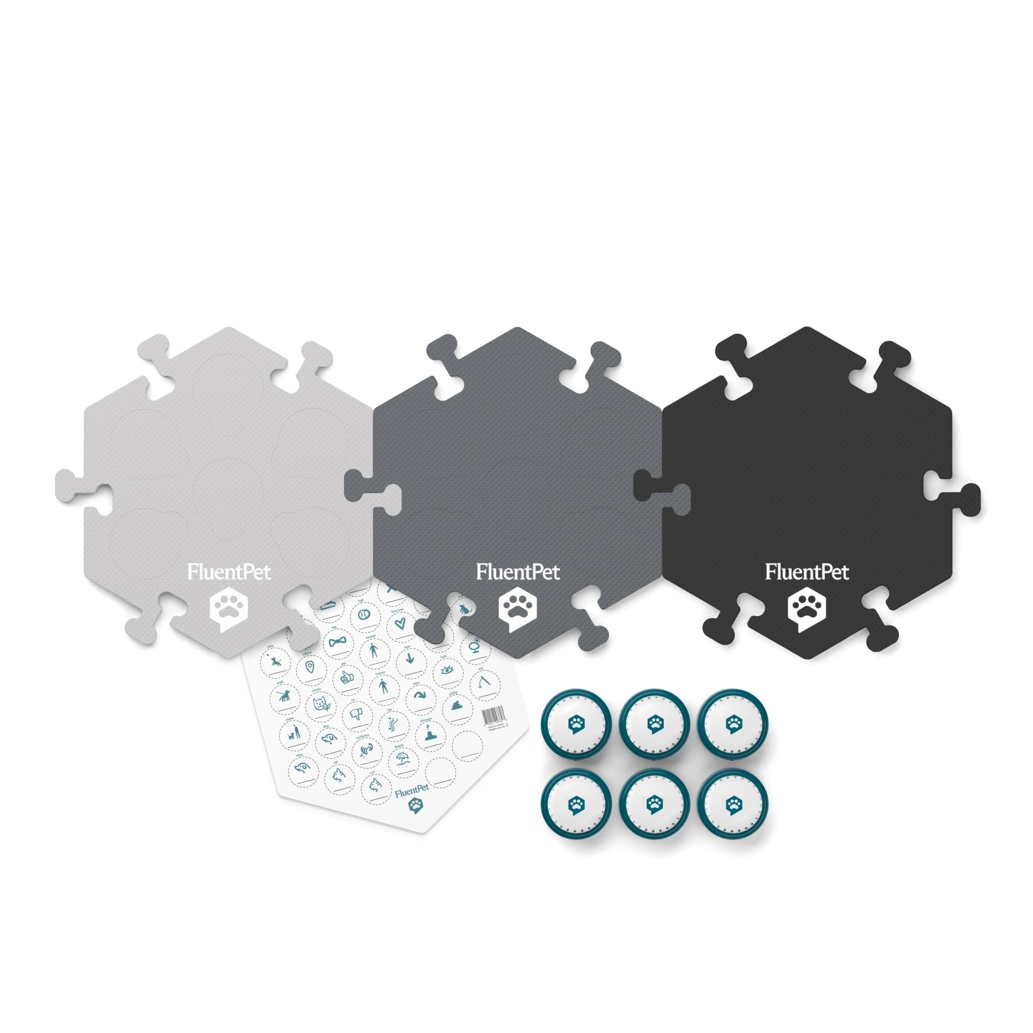 Get Started Kit in neutral grey colors featuring three HexTiles, six Speak Up! recordable buttons and a sticker sheet.