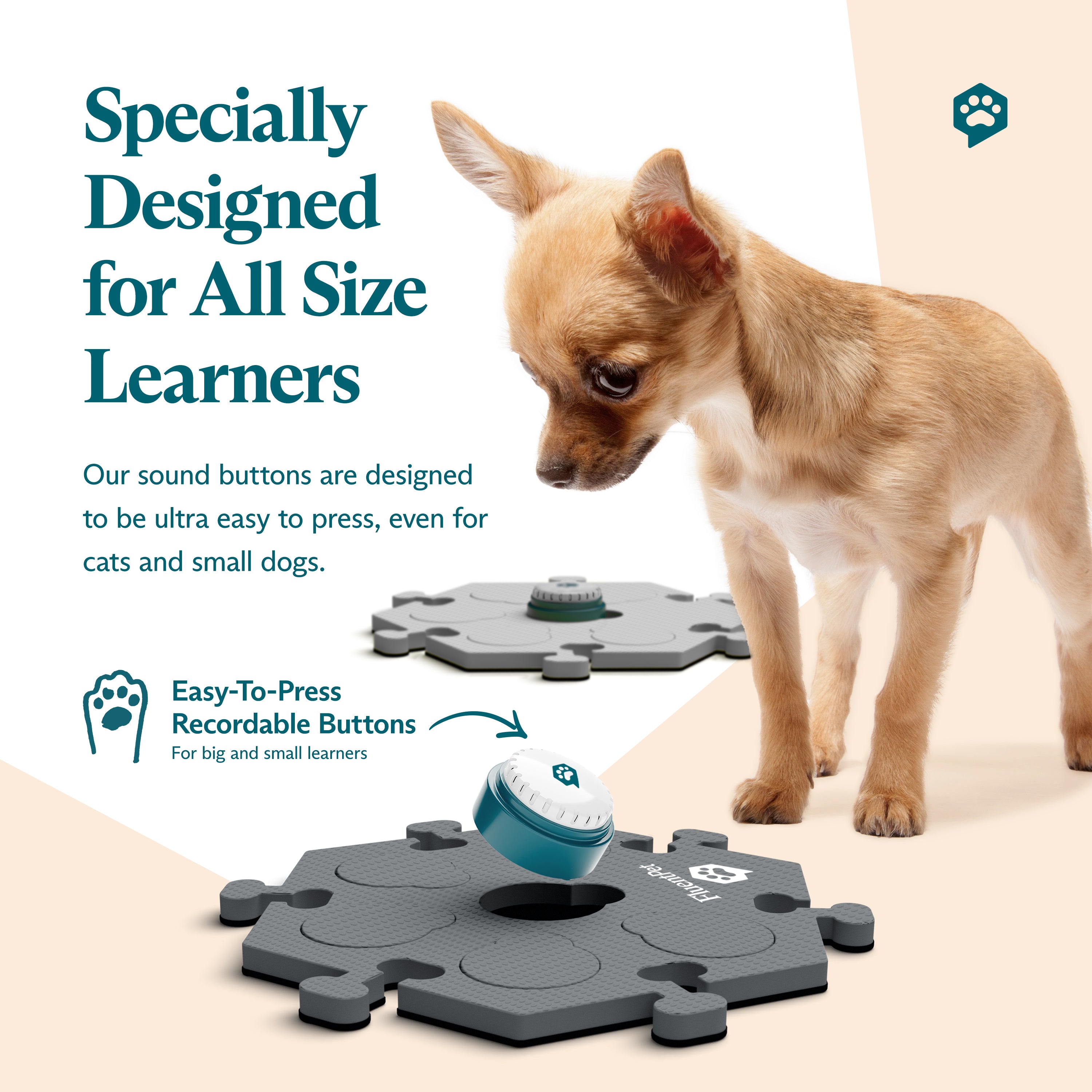 Small dog standing beside FluentPet HexTiles in light grey and dark grey, each one holding Speak Up! recordable buttons. Text reads “Specially Designed for All Size Learners"
