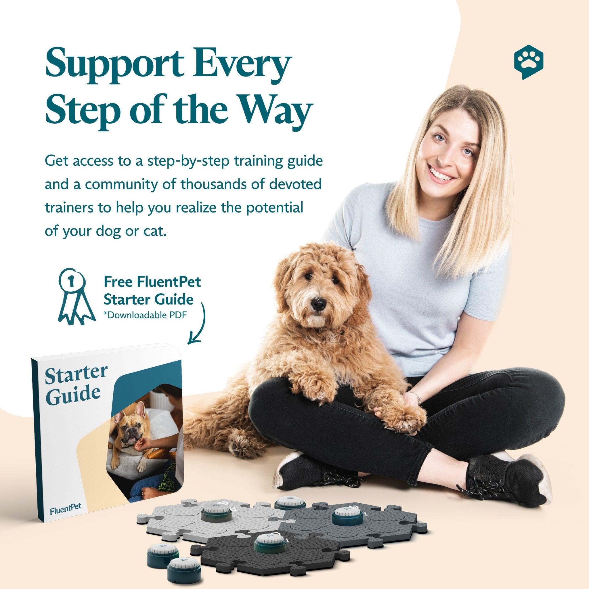 A young woman and her dog sitting beside a Fluent Pet Get Started Kit in neutral grey colors, and a Starter Guide. Text reads: "Support Every Step of the Way"