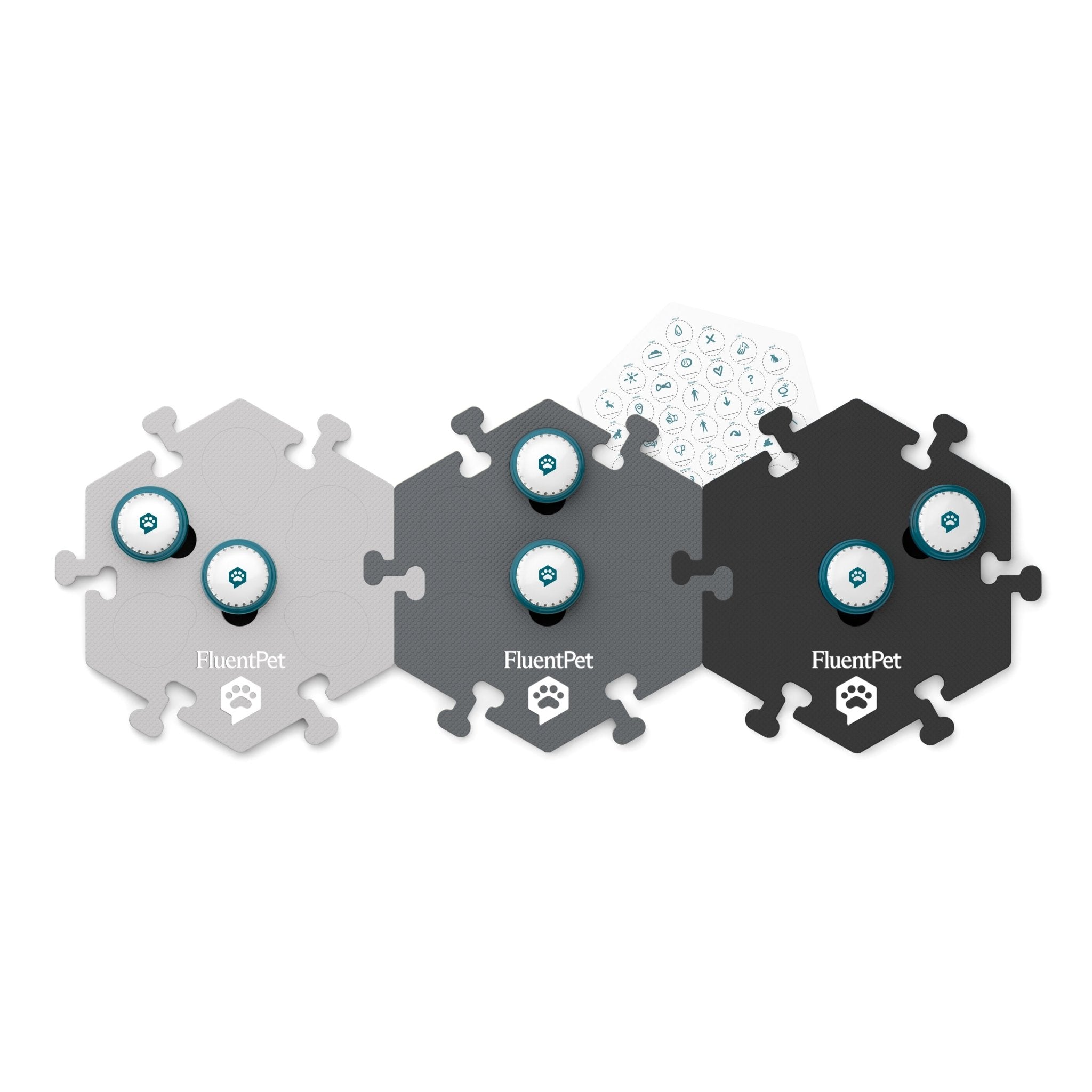 A FluentPet Speak Up! Get Started Kit with light grey, dark grey and black HexTiles, six Speak Up! recordable buttons and a sticker sheet.