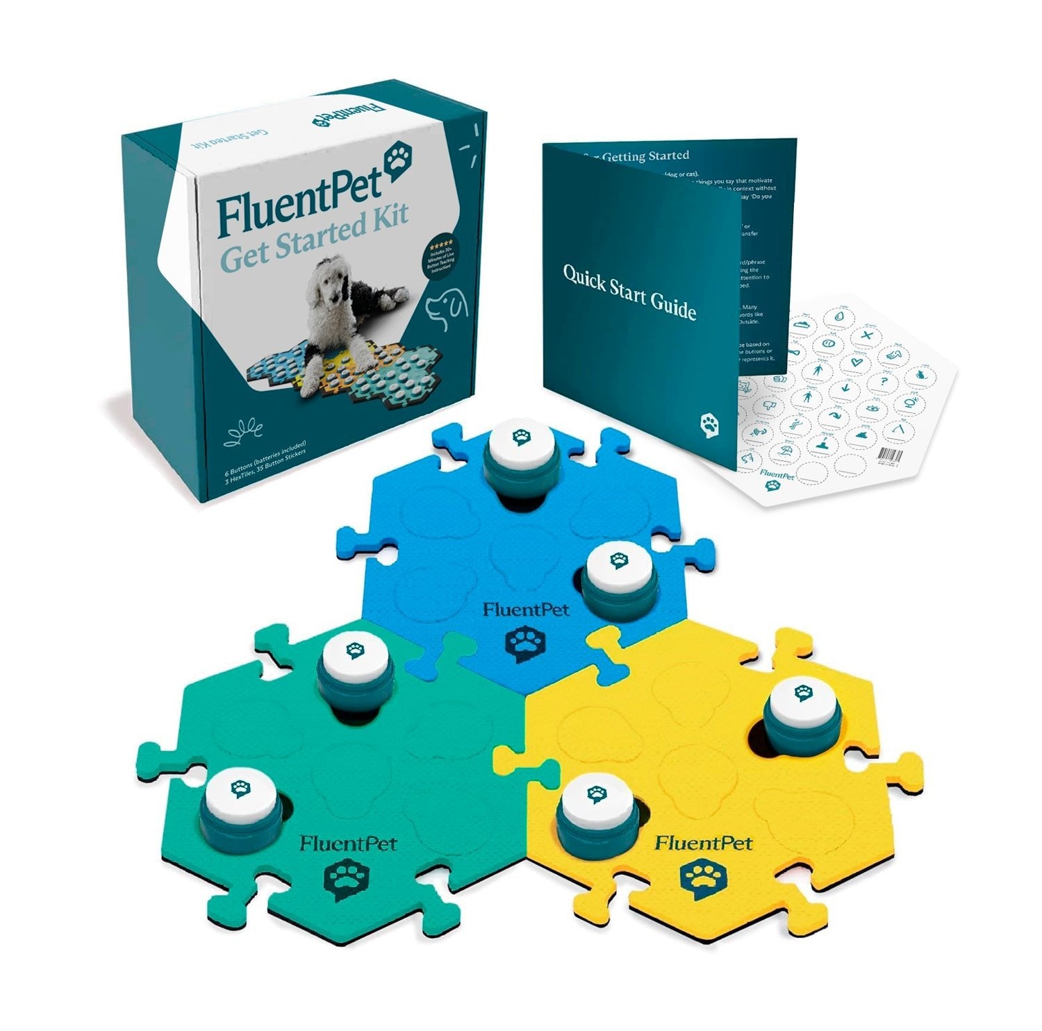 FluentPet Speak Up! Get Started Kit with blue, green and yellow HexTiles. The image also features a sticker sheet, a Quick Start Guide, and a box.
