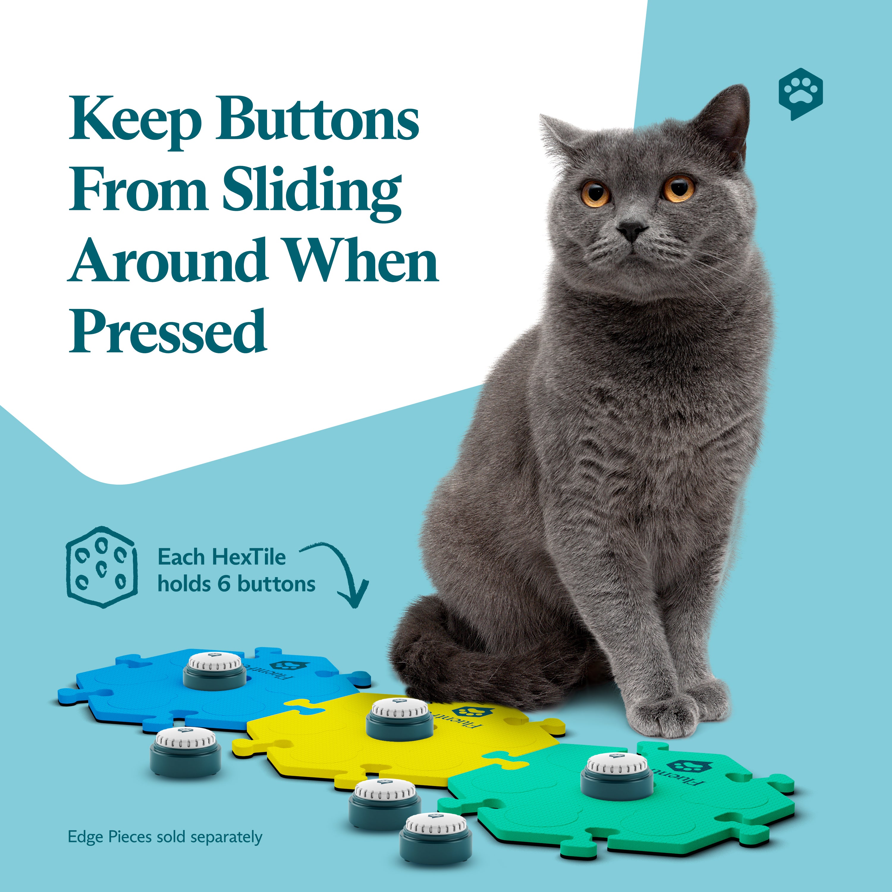 Gray cat sitting beside FluentPet HexTiles in blue, yellow and green, each holding recordable Speak Up! buttons from the FluentPet Speak Up! Get Started Kit. Text reads “Keep Buttons From Sliding Around When Pressed".