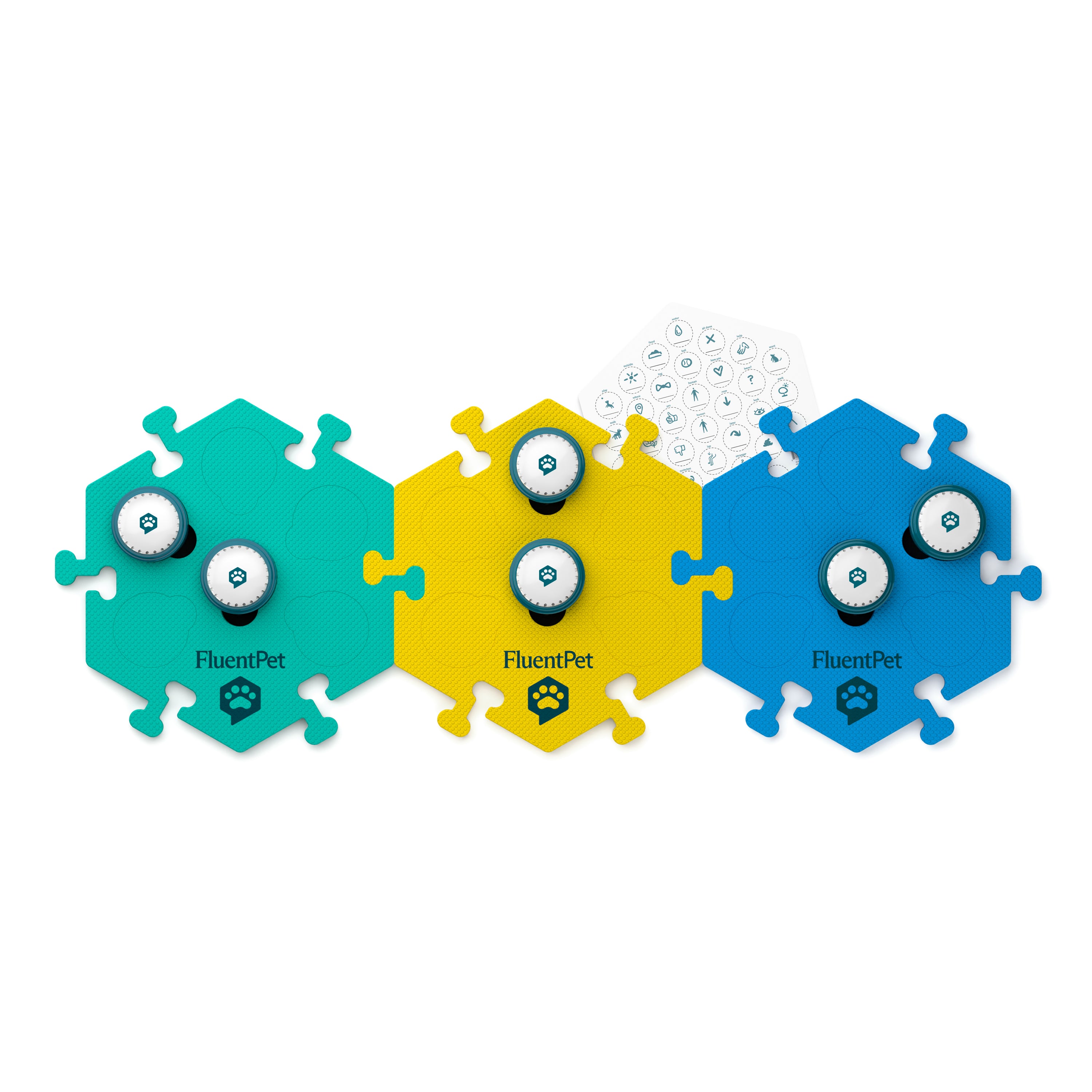 A FluentPet Get Started Kit with green, yellow and blue HexTiles. The image features recordable Speak Up! buttons and a sticker sheet.