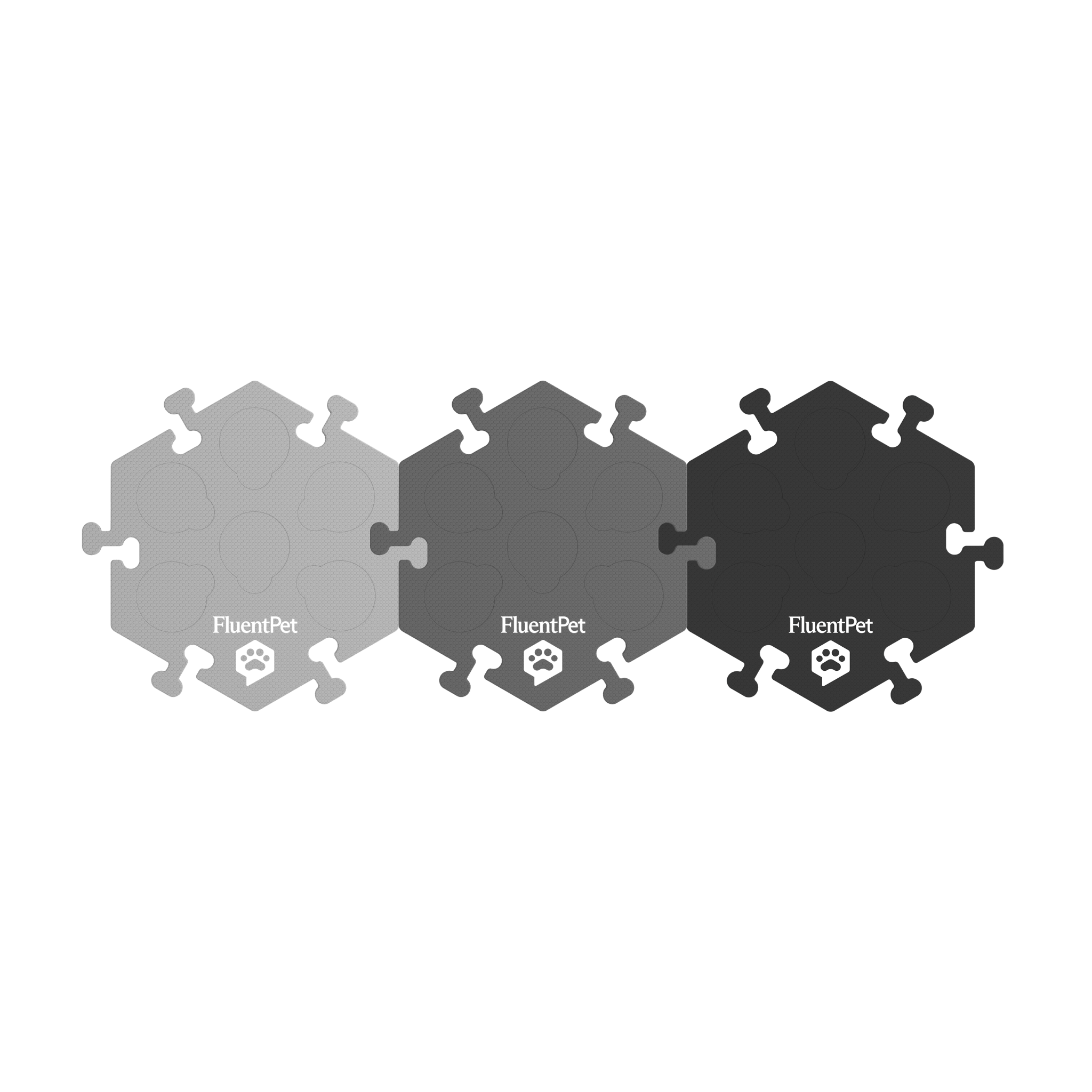Three FluentPet HexTiles in light grey, dark grey, and black.