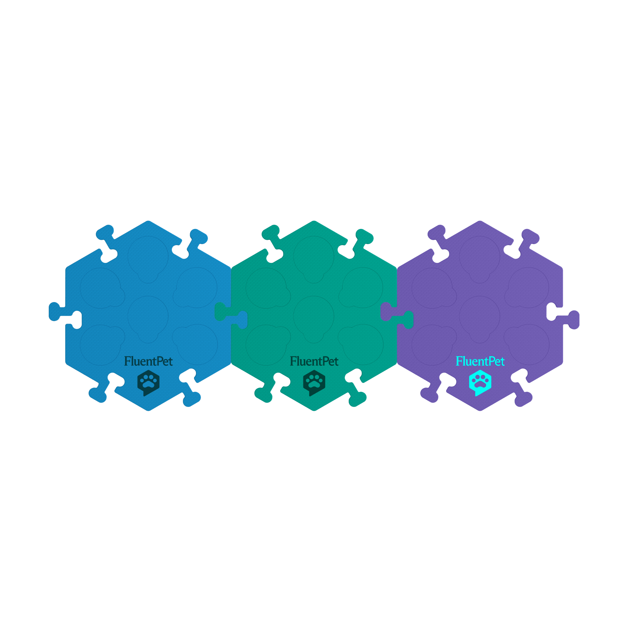Three FluentPet HexTiles in blue, green and purple