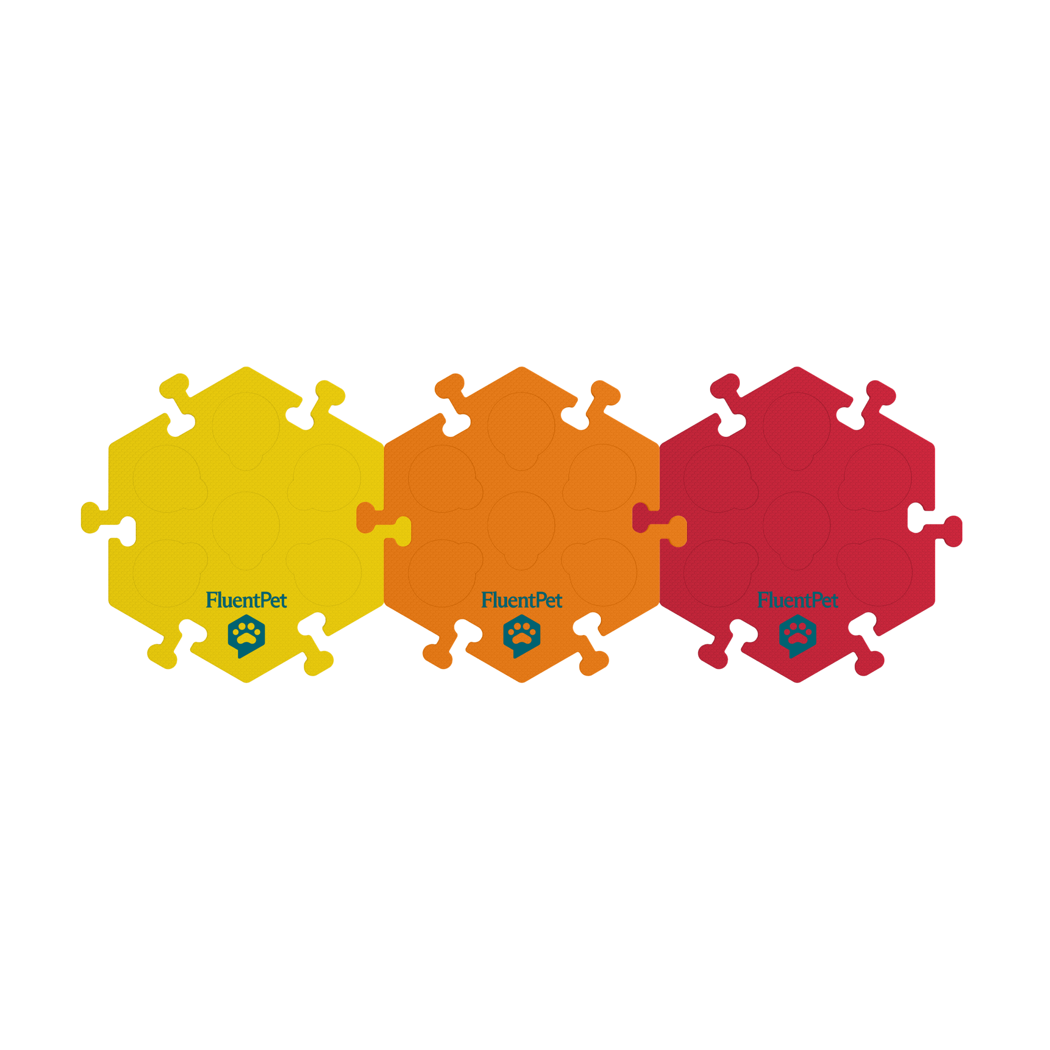 Three FluentPet HexTiles in yellow, orange and red.