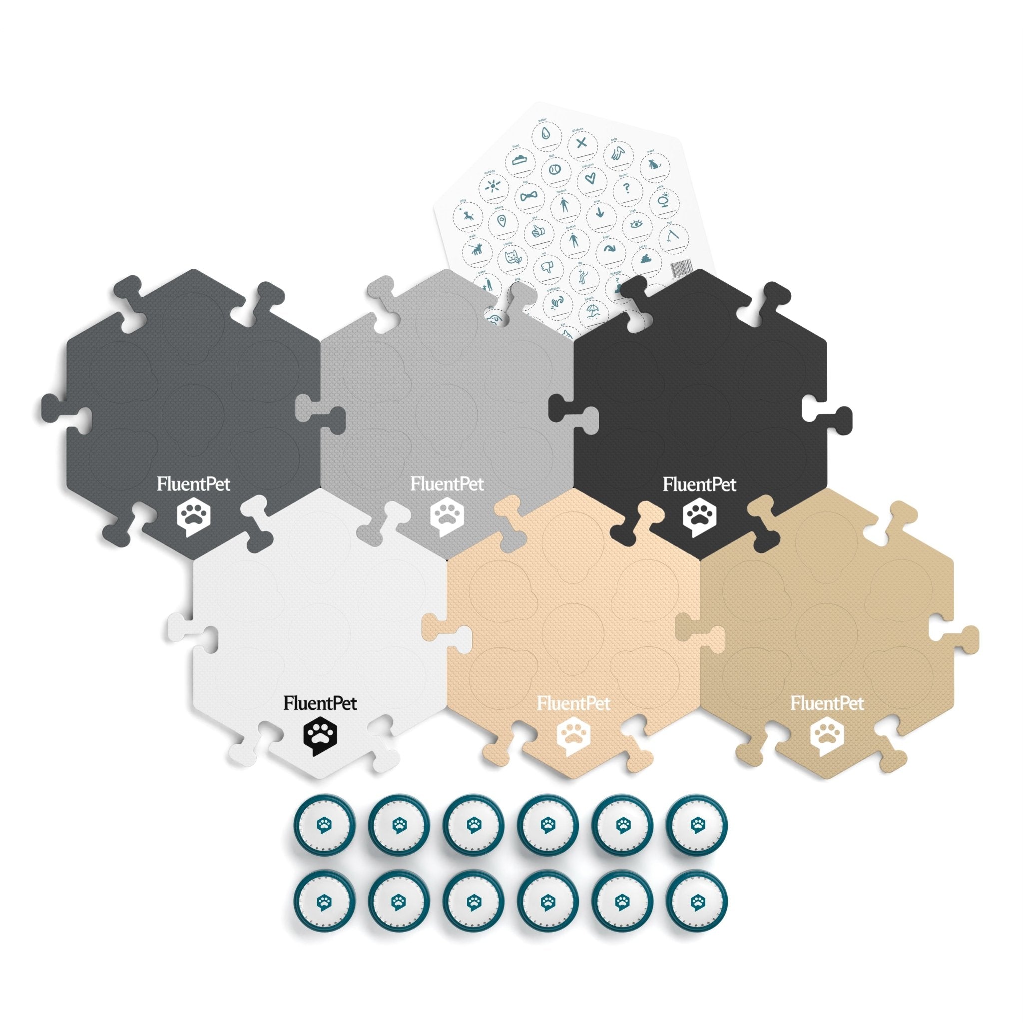 A FluentPet Speak Up! Key Vocab Kit in neutral colors with six HexTiles, 12 Speak Up! recordable buttons and a sticker sheet.