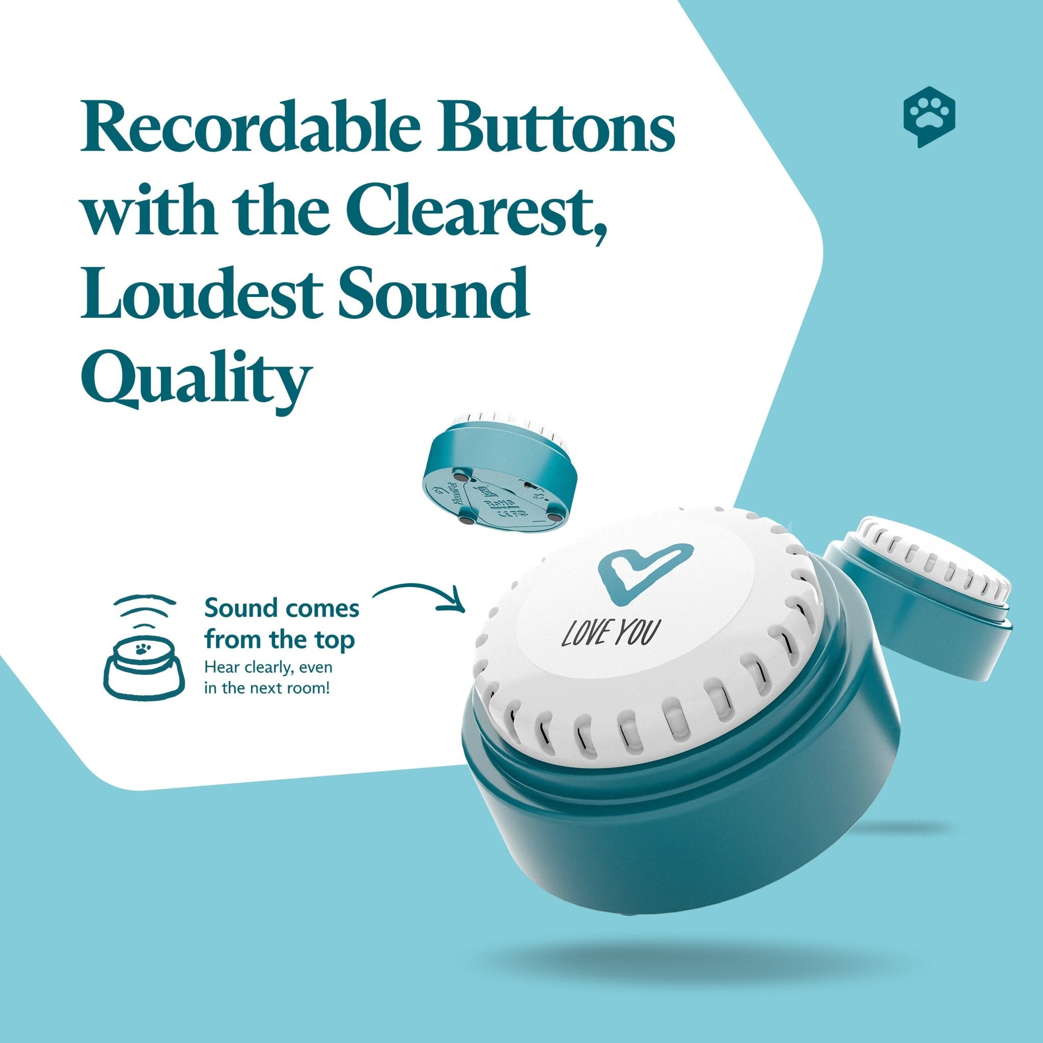 An infographic of the FluentPet Speak Up! button. Text reads: "Recordable Buttons with the Clearest, Loudest Sound Quality".