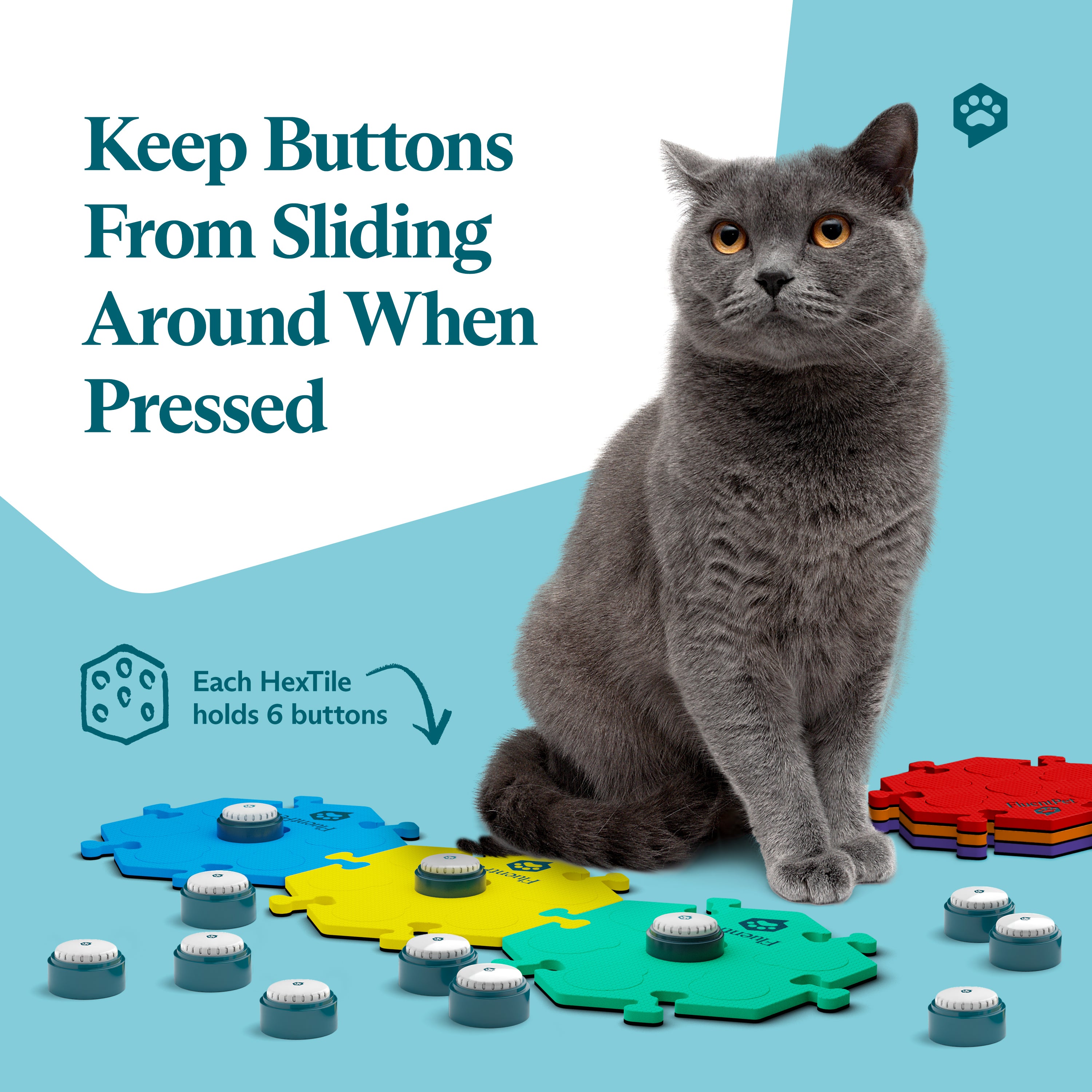 Gray cat sitting beside FluentPet HexTiles in blue, yellow and green, with additional red, orange and purple HexTiles in the background. The image features recordable Speak Up! buttons from the Speak Up! Key Vocab Kit. Text reads “Keep Buttons From Sliding Around When Pressed".