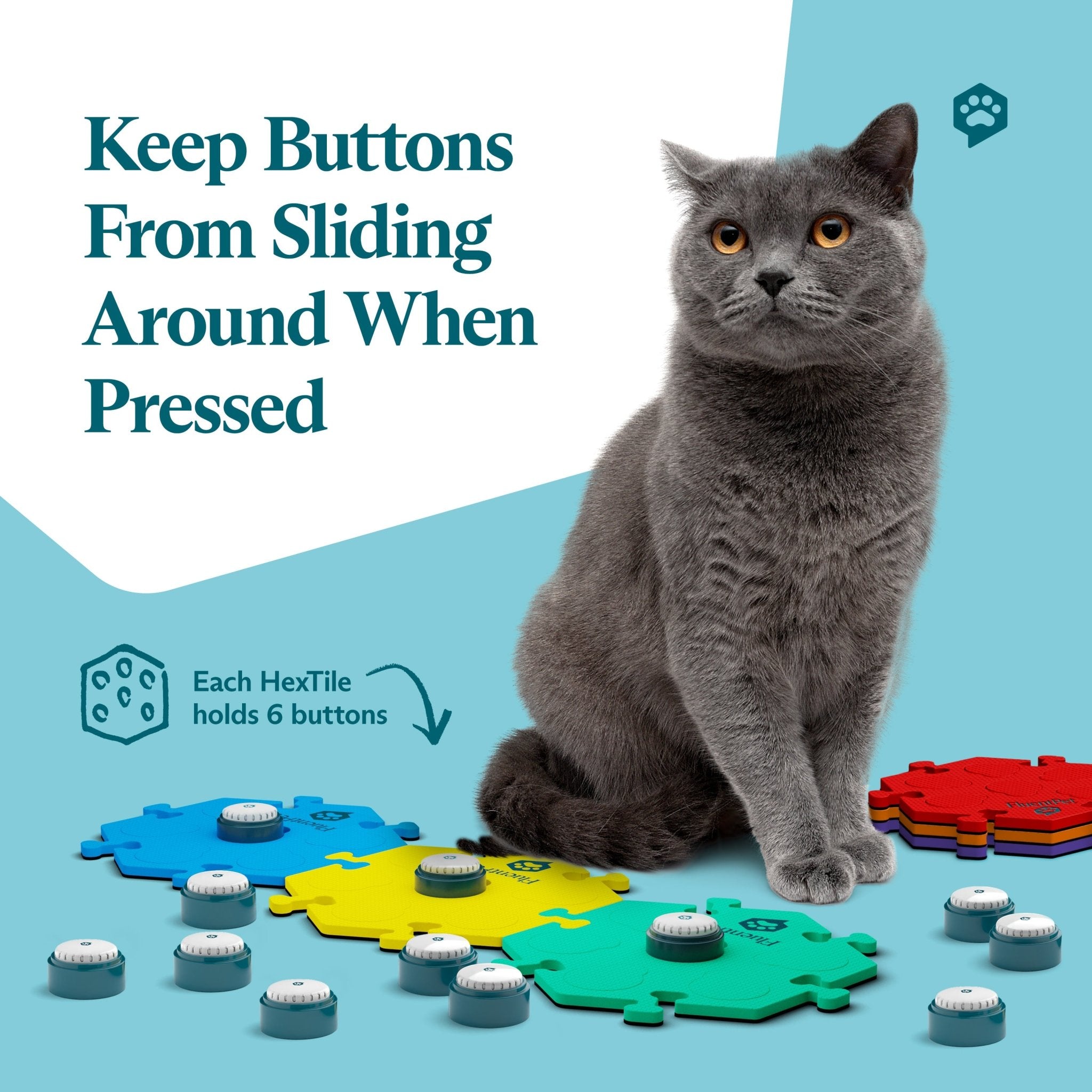 Gray cat sitting beside FluentPet HexTiles in blue, yellow and green, with additional red, orange and purple HexTiles in the background. The image features recordable Speak Up! buttons from the Speak Up! Key Vocab Kit. Text reads “Keep Buttons From Sliding Around When Pressed".