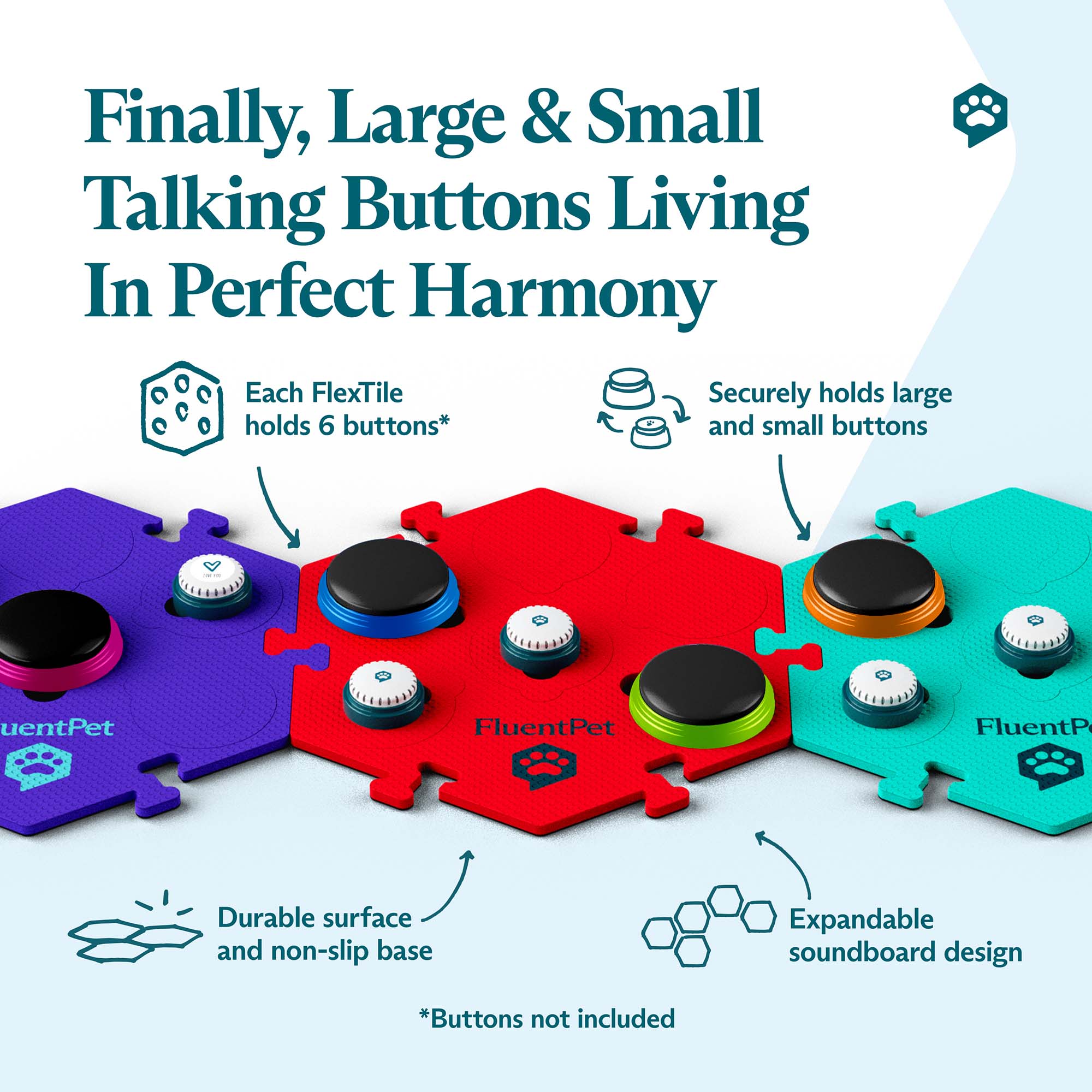 An infographic with cross-compatible HexTiles featuring Speak Up! recordable buttons and non-FluentPet buttons. Text reads: "Finally, Large & Small Talking Buttons Living Together in Perfect Harmony"