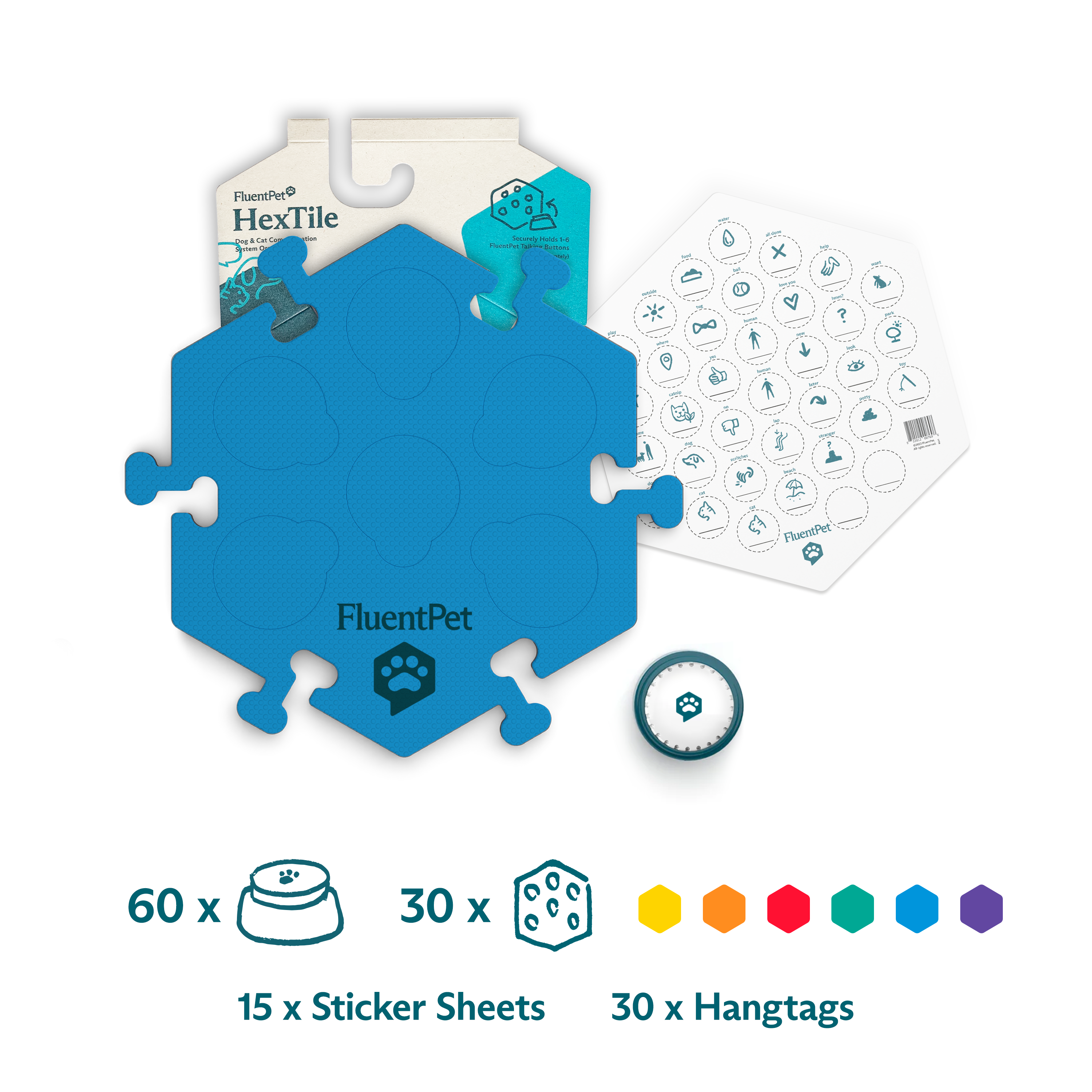 A product image featuring a blue HexTile, a Speak Up button, a sticker sheet, and a hangtag. The infographic depicts quantities and colors of these items for retail purchase.
Buttons: 60
HexTiles: 30 (available in bold colors)
Sticker Sheets: 15
Hangtags: 30