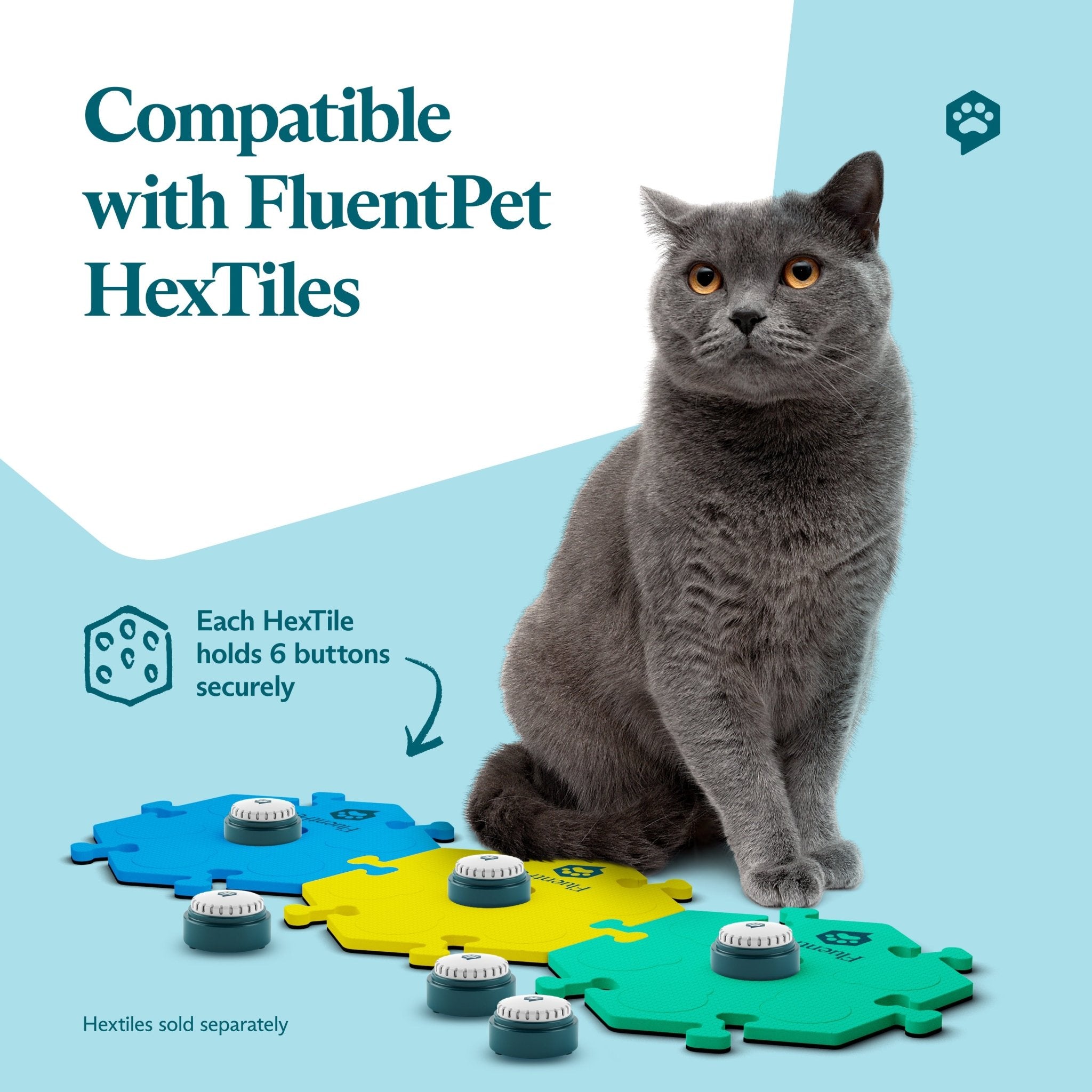 Gray cat sitting beside FluentPet HexTiles with Speak Up! recordable buttons. Text reads “Compatible with FluentPet HexTiles".