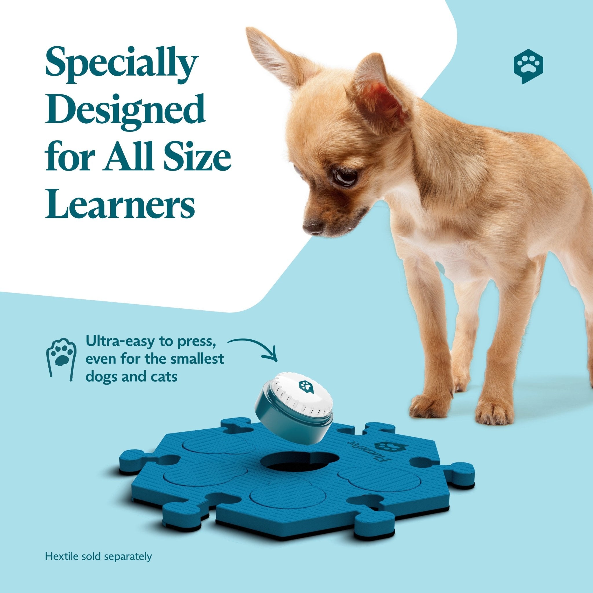 Small dog standing beside a blue FluentPet HexTile with a Speak Up! recordable button. Text reads “Specially Designed for All Size Learners"