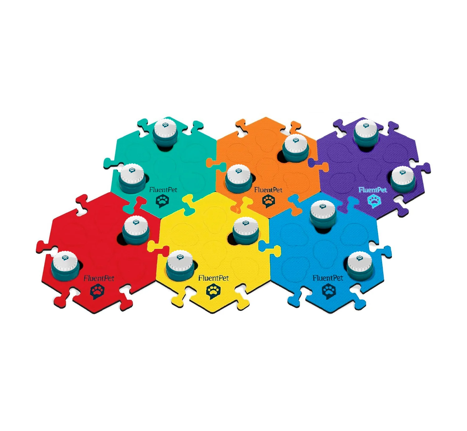 FluentPet Speak Up Key Vocab Kit with green, orange, purple, red, yellow and blue HexTiles. The image features Speak Up! recordable sound buttons.