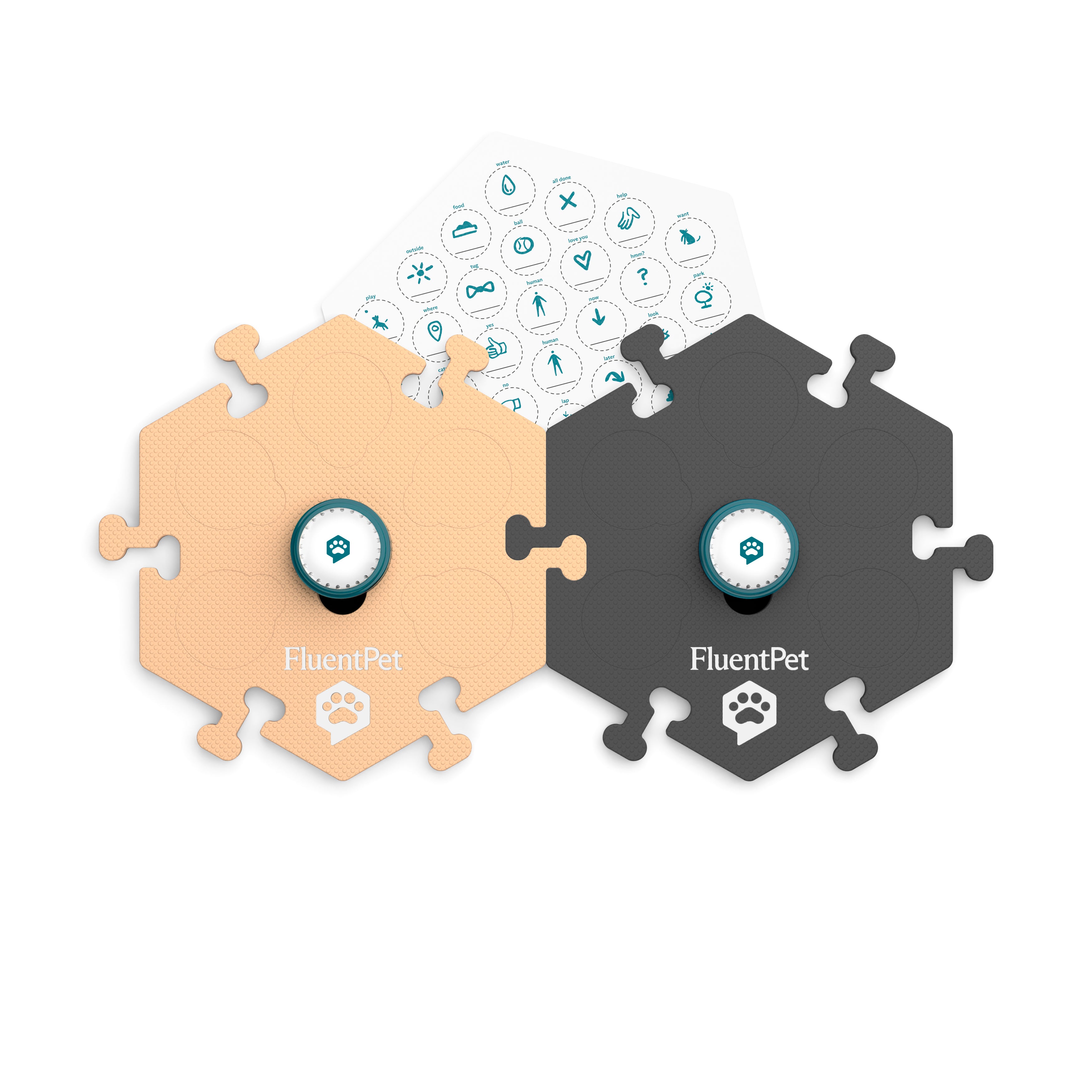 FluentPet Speak Up! Try It Kit. The image features a HexTile in light beige, a HexTile in dark grey, two Speak Up! recordable buttons and a sticker sheet.
