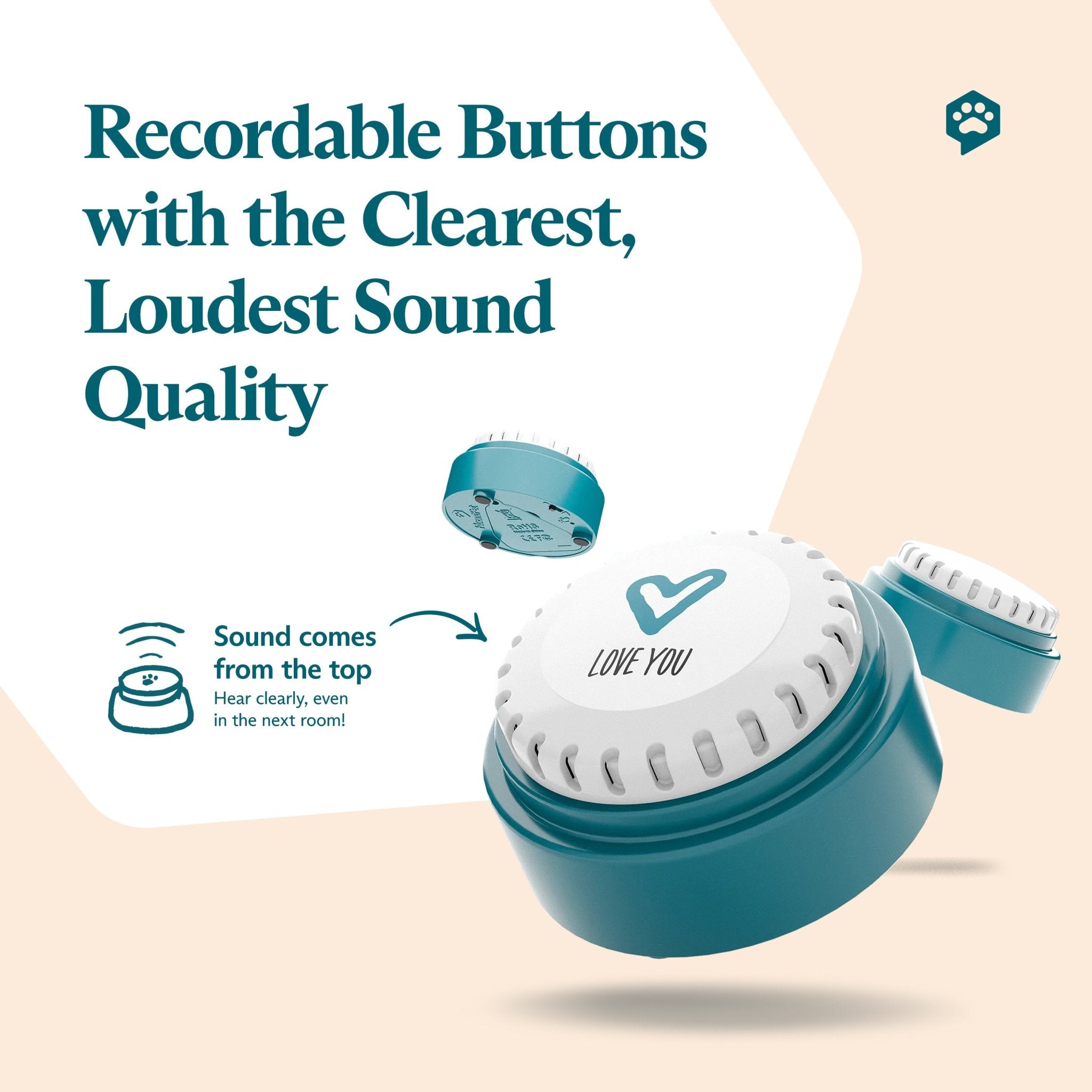 An infographic of the FluentPet Speak Up! button. Text reads: "Recordable Buttons with the Clearest, Loudest Sound Quality".