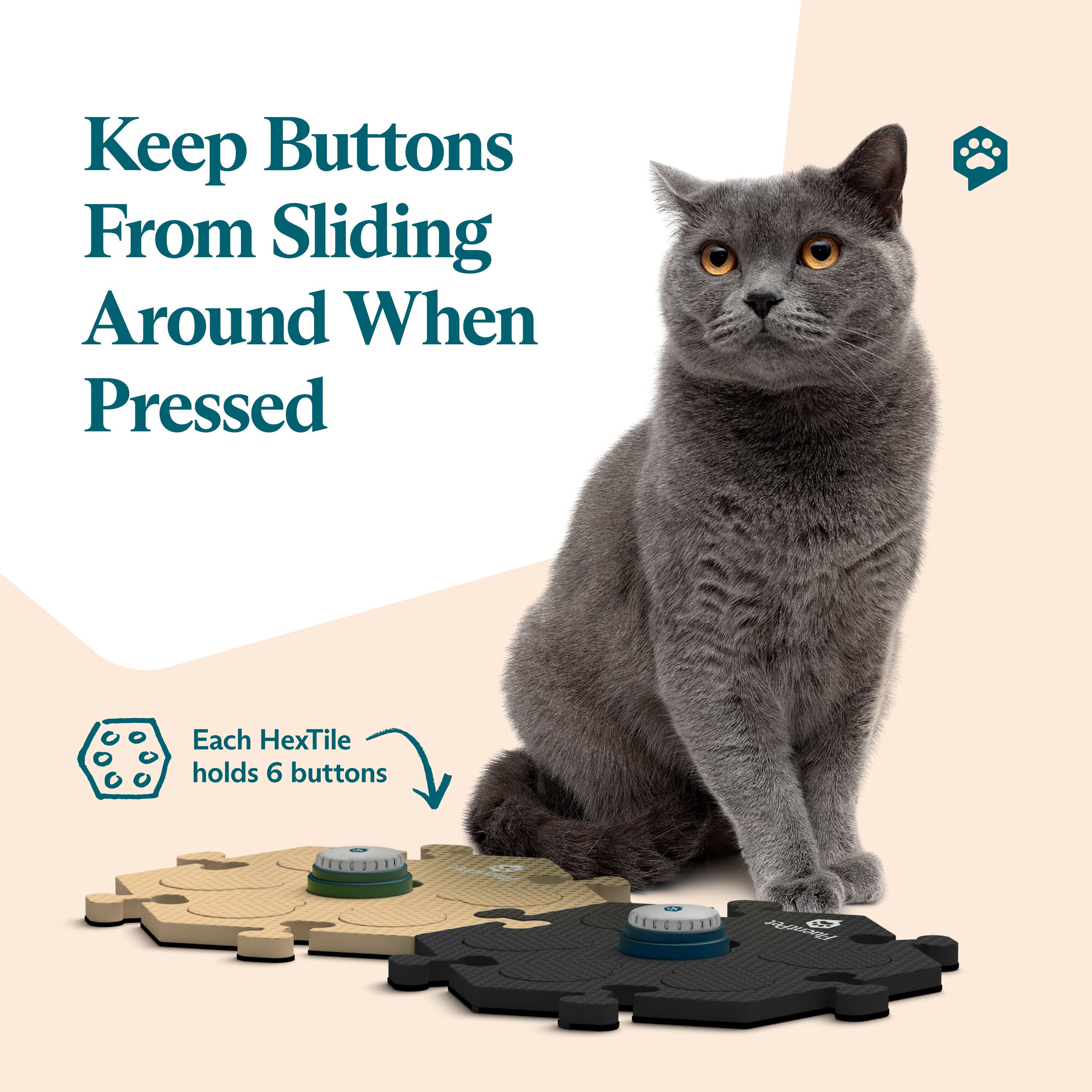 Gray cat sitting beside FluentPet HexTiles in light beige and dark grey, each holding recordable Basic FluentPet buttons. Text reads “Keep Buttons From Sliding Around When Pressed".