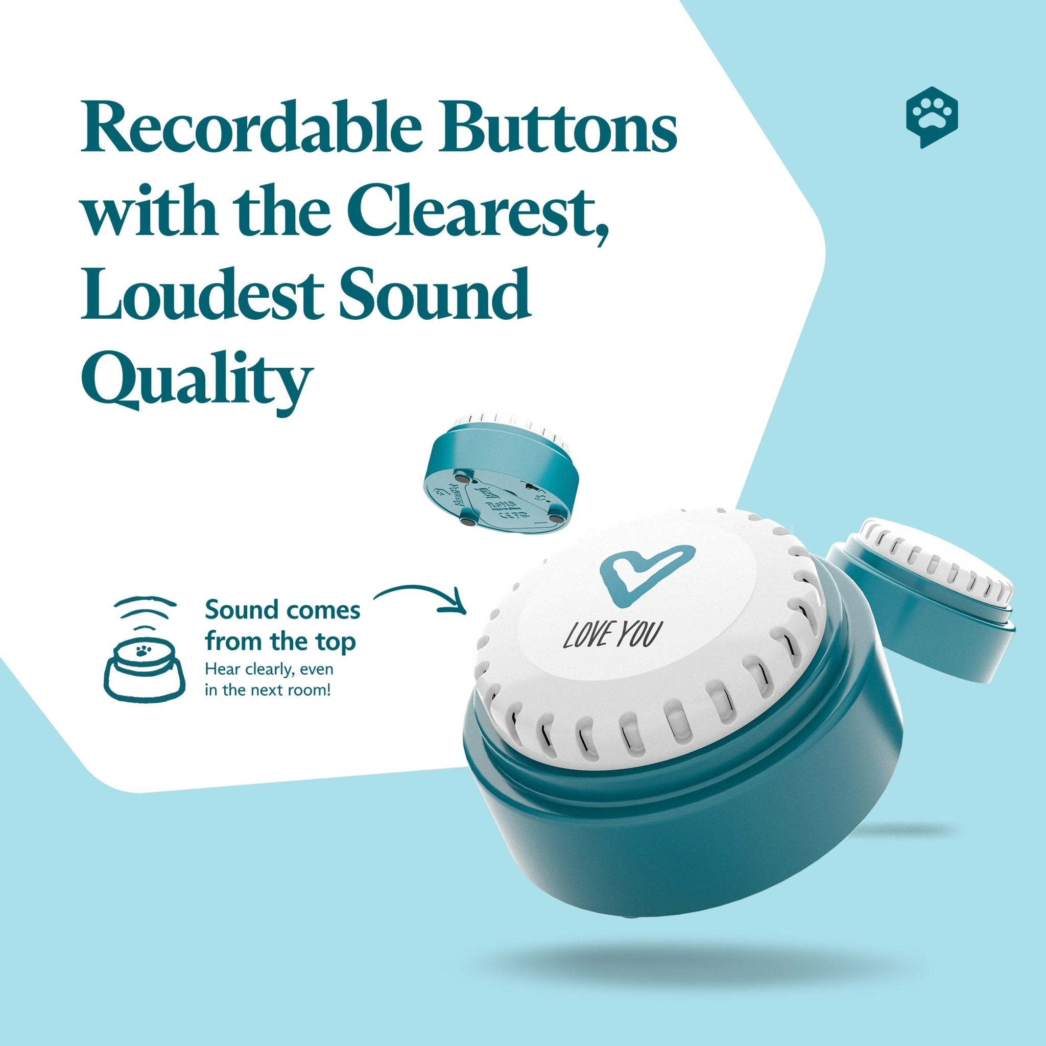 An infographic of the FluentPet Speak Up! button. Text reads: "Recordable Buttons with the Clearest, Loudest Sound Quality".