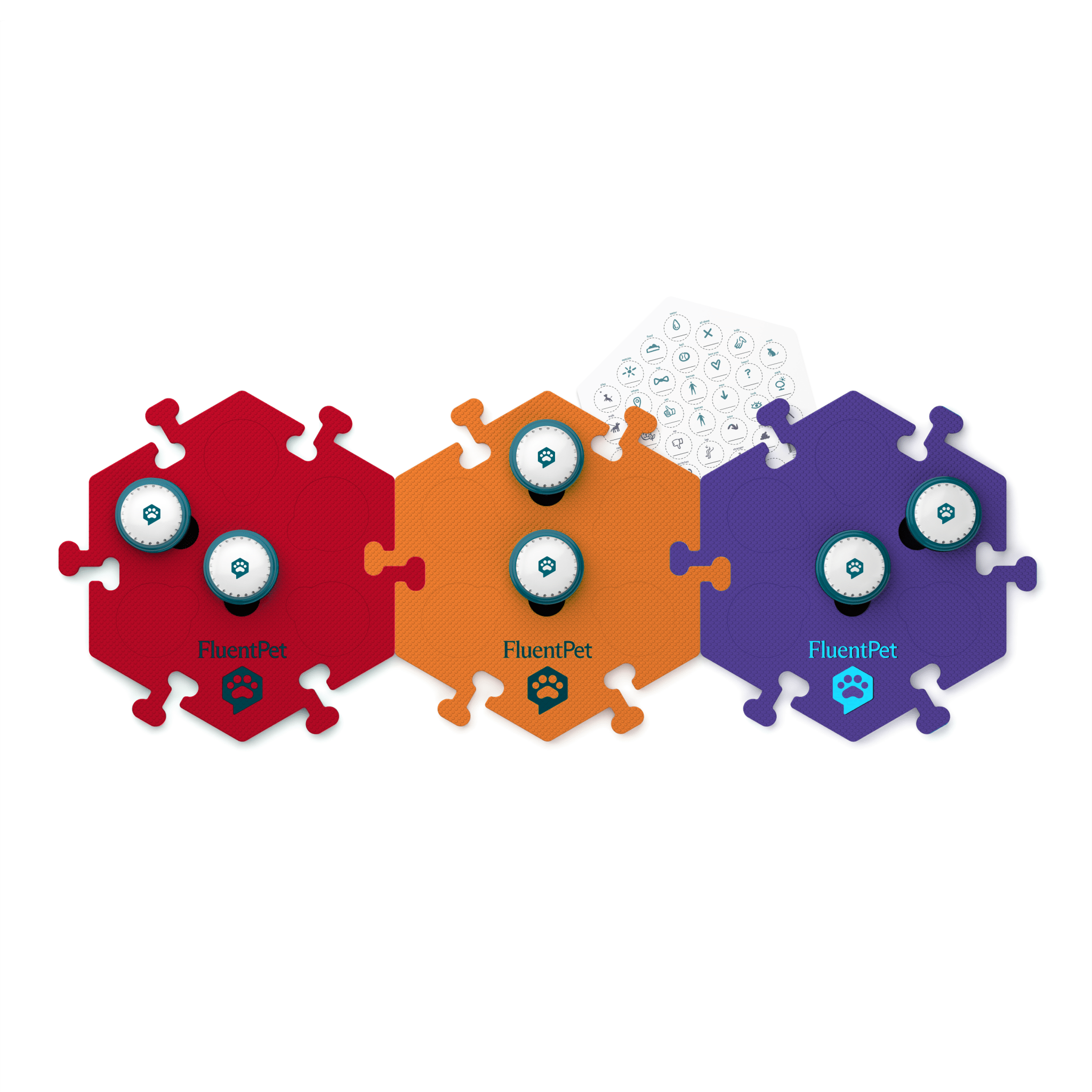 A FluentPet Speak Up! Get Started Kit with red, orange and purple HexTiles, and a sticker sheet.