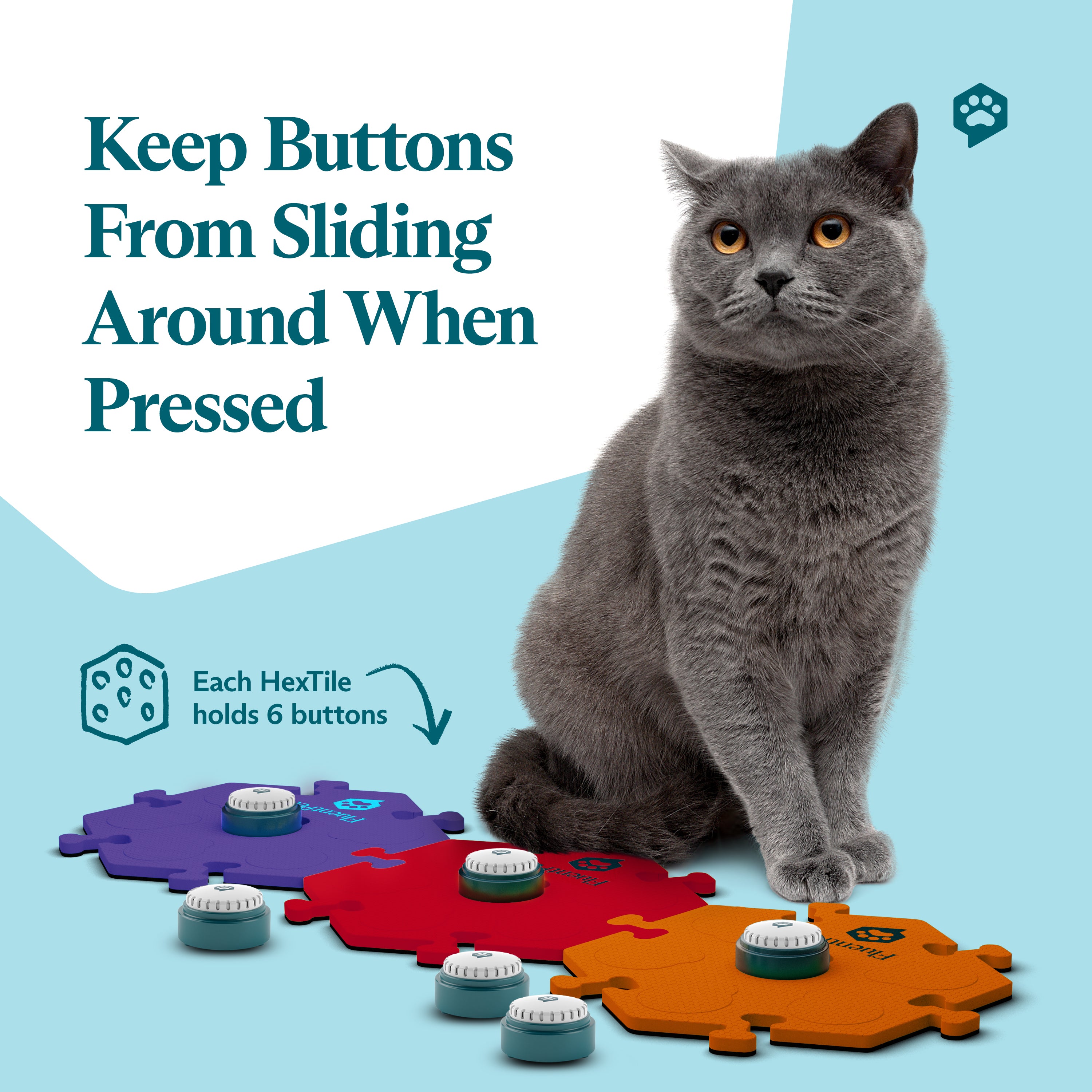 Gray cat sitting beside FluentPet HexTiles in orange, red and purple, each holding Speak Up! recordable buttons. Text reads “Keep Buttons From Sliding Around When Pressed".