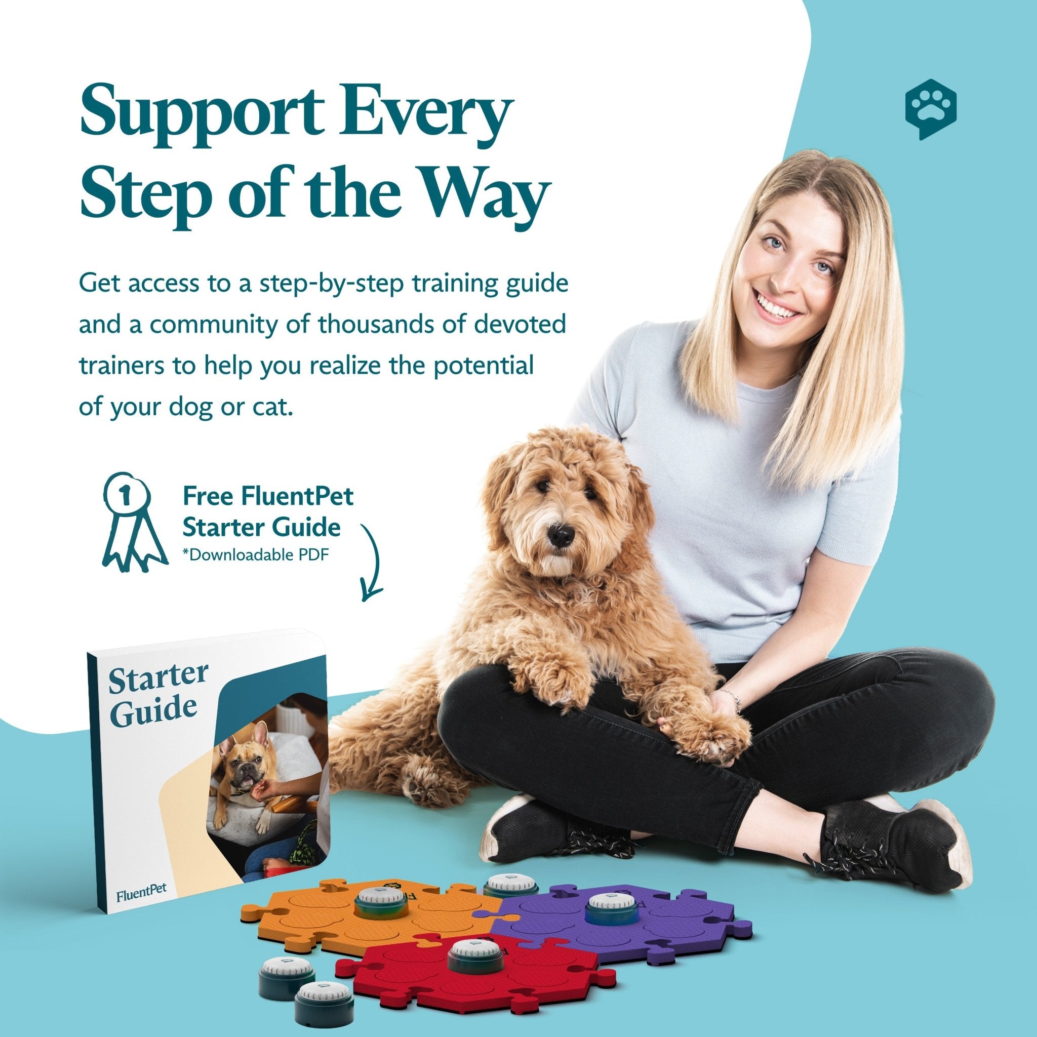 A young woman and her dog sit next to the FluentPet Get Started kit and a Starter Guide. Text reads: "Support Every Step of the Way".