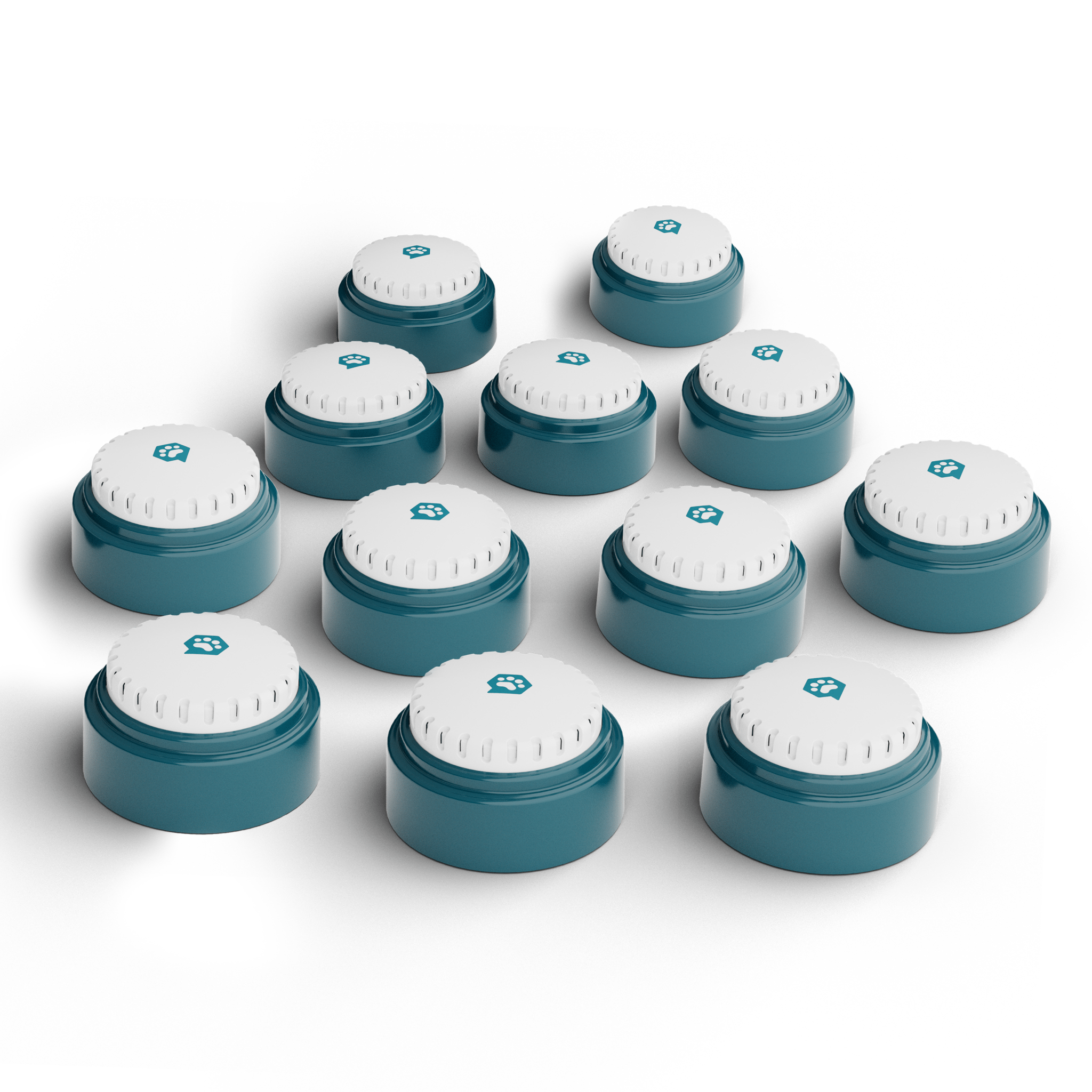 Multiple small cylindrical containers with white lids arranged in a grid on a white background