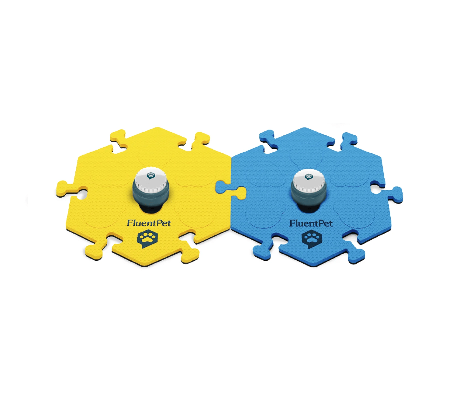 FluentPet Tester Kit with yellow and blue HexTiles. Each HexTile holds a Speak Up! recordable button.