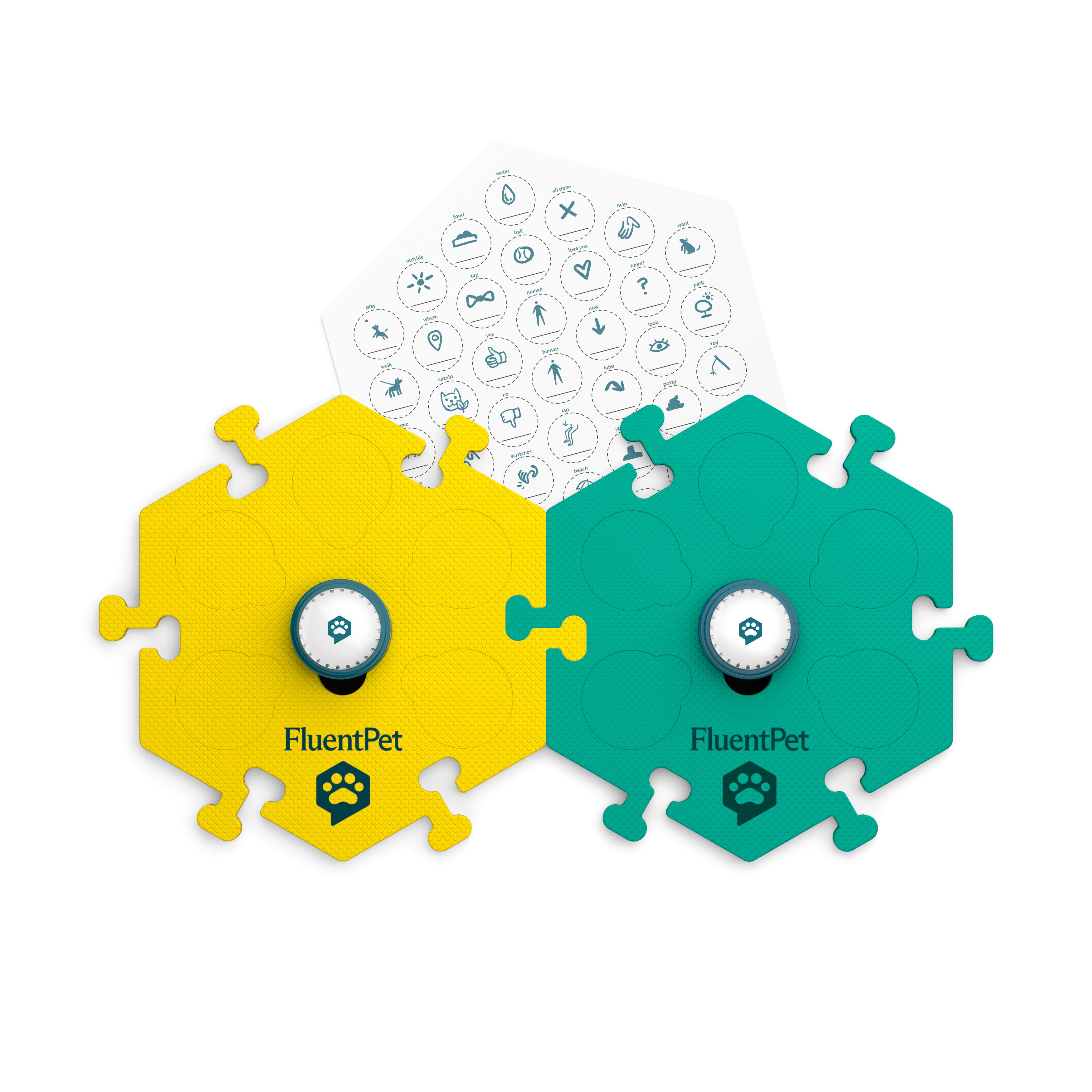 FluentPet Tester Kit Bold with green and yellow HexTiles and two Speak Up! Buttons