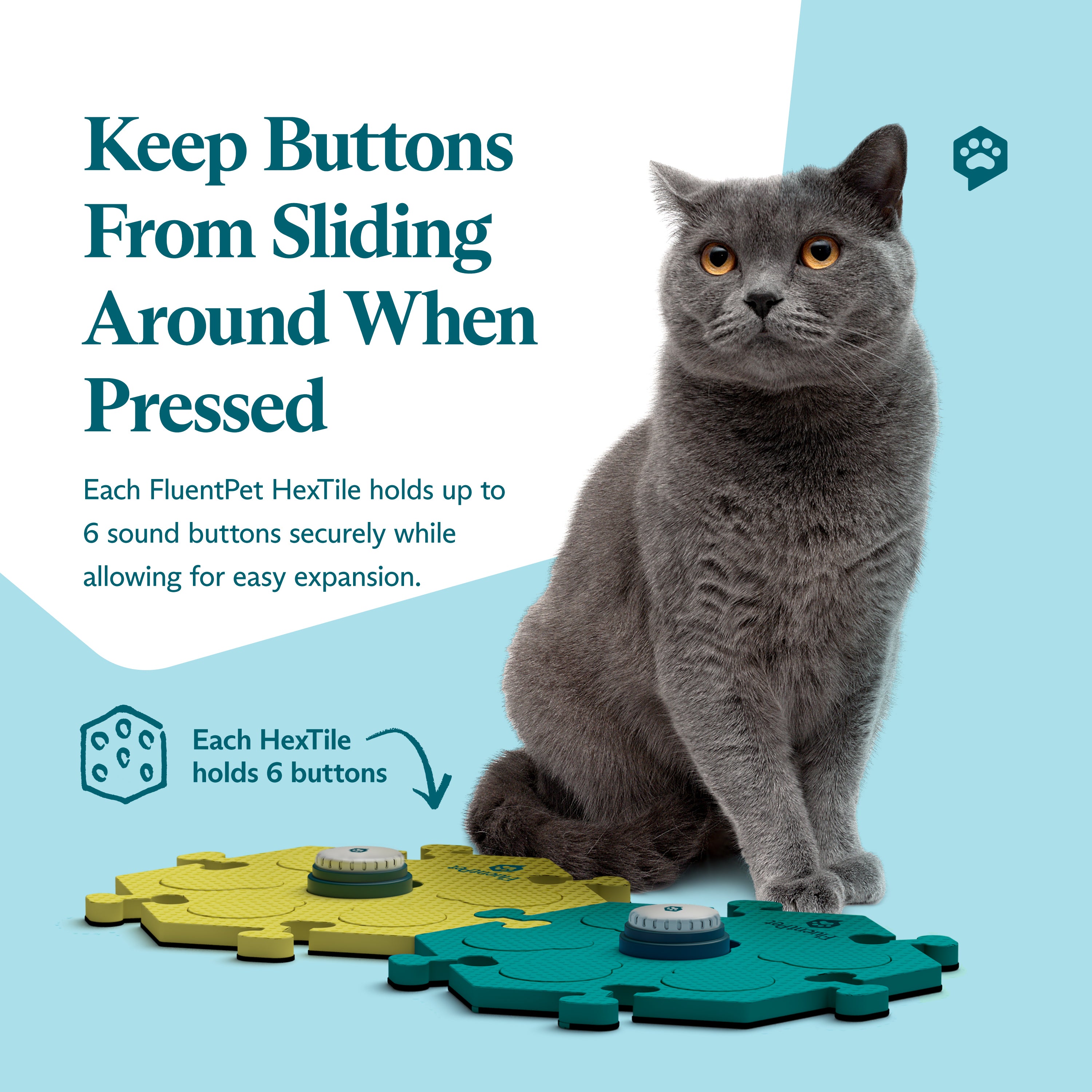 FluentPet Tester Kit Bold with green and yellow HexTiles and two Speak Up! Buttons