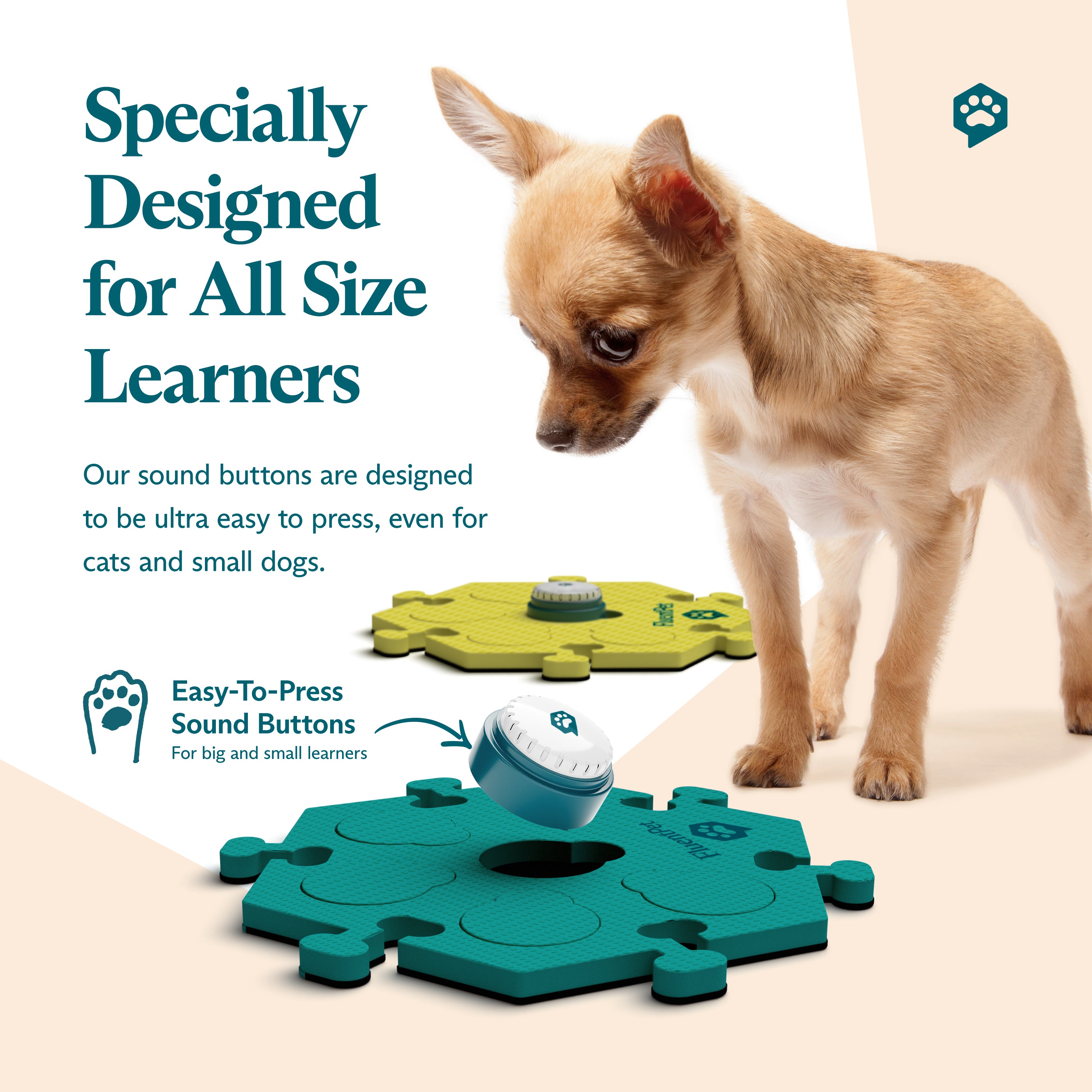 FluentPet Tester Kit Bold with green and yellow HexTiles and two Speak Up! Buttons