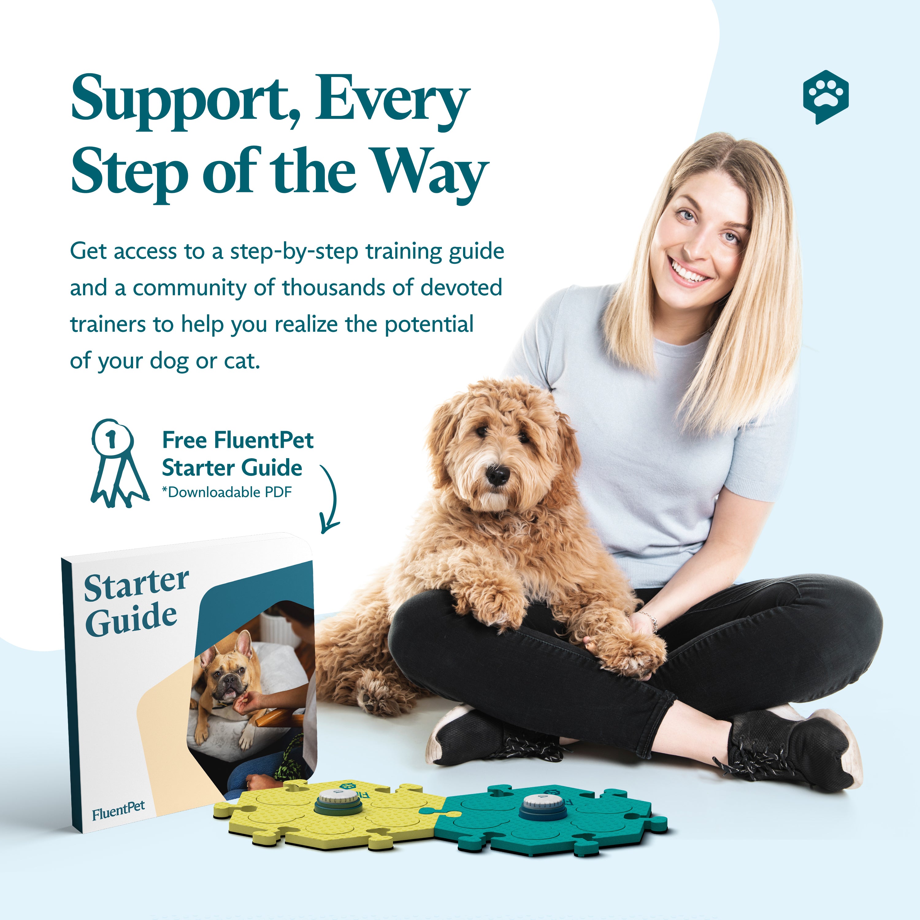 FluentPet Tester Kit Bold with green and yellow HexTiles and two Speak Up! Buttons