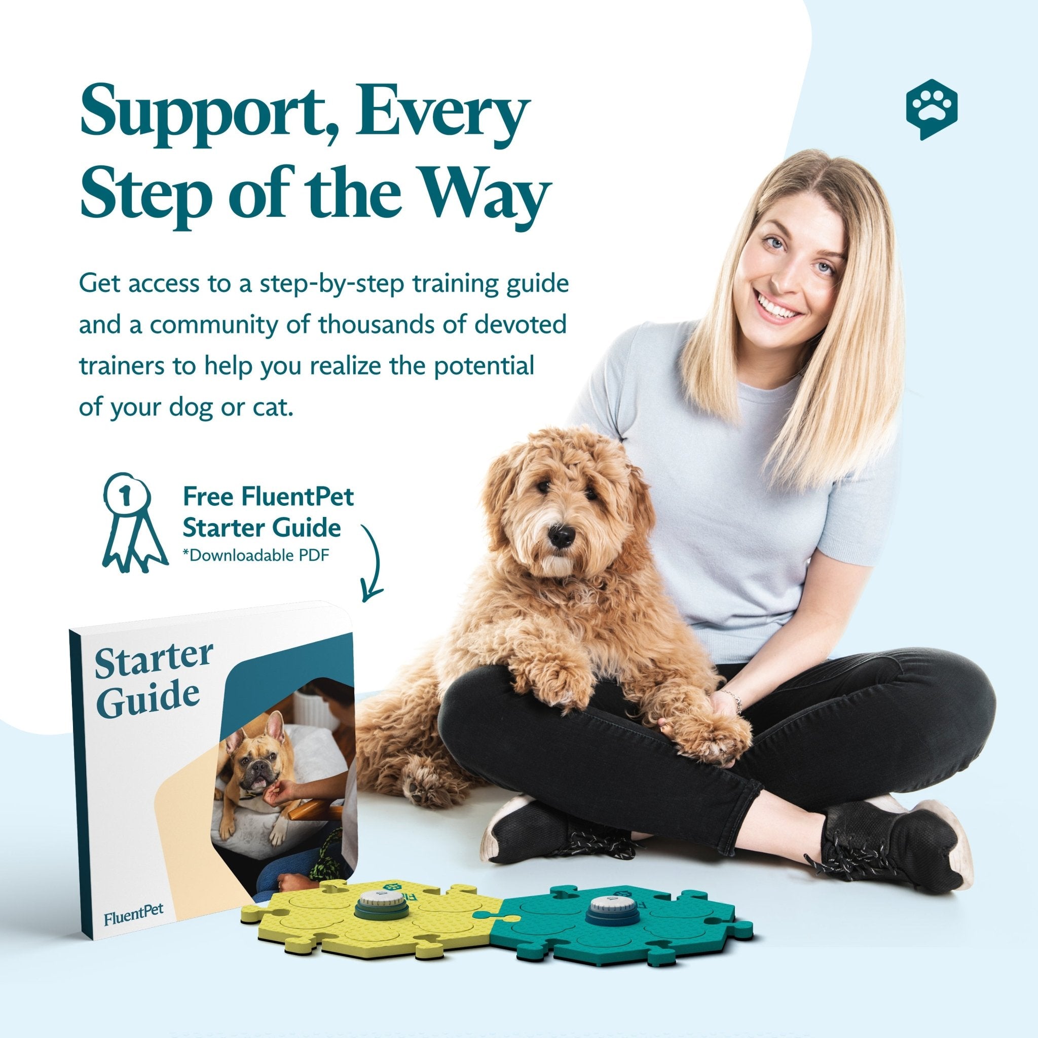 FluentPet Tester Kit Bold with green and yellow HexTiles and two Speak Up! Buttons. Text reads: "Support, Every Step of the Way"