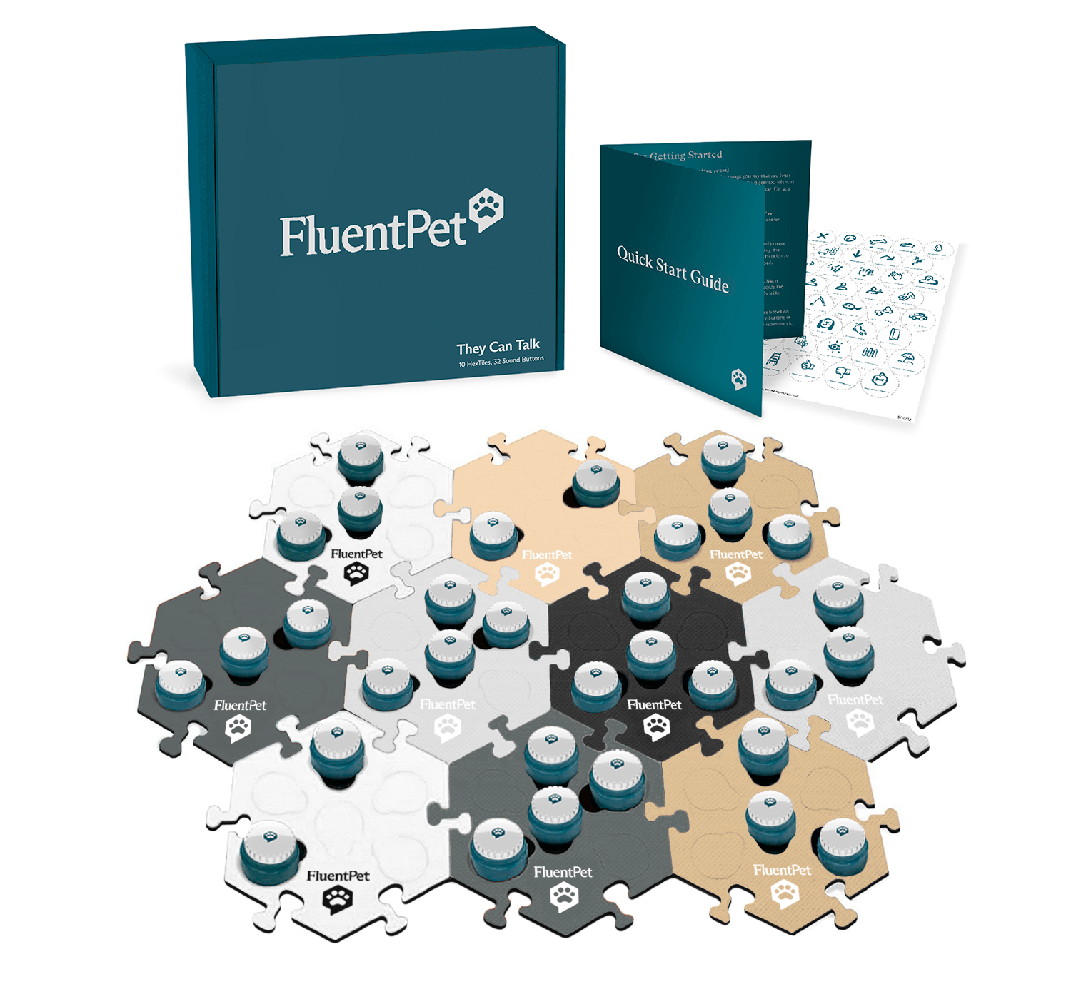 A FluentPet They Can Talk Kit in neutral colors, which features 32 Speak Up! recordable buttons, 10 HexTiles, a sticker sheet and a Quick Start Guide.