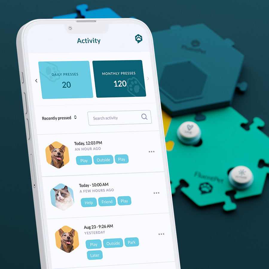 Every button press is captured through the FluentPet App so you can track your learner’s progress. You can also share milestones, get customized button teaching and get texts from your furry friend when you’re away.